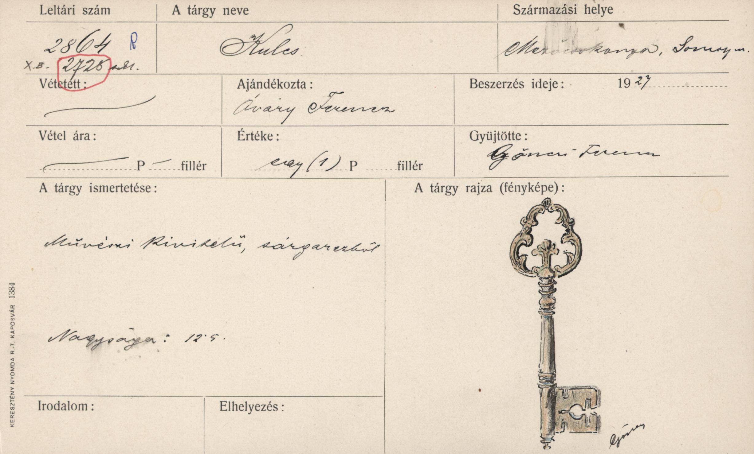 Kulcs sárgarézből (Rippl-Rónai Múzeum CC BY-NC-ND)