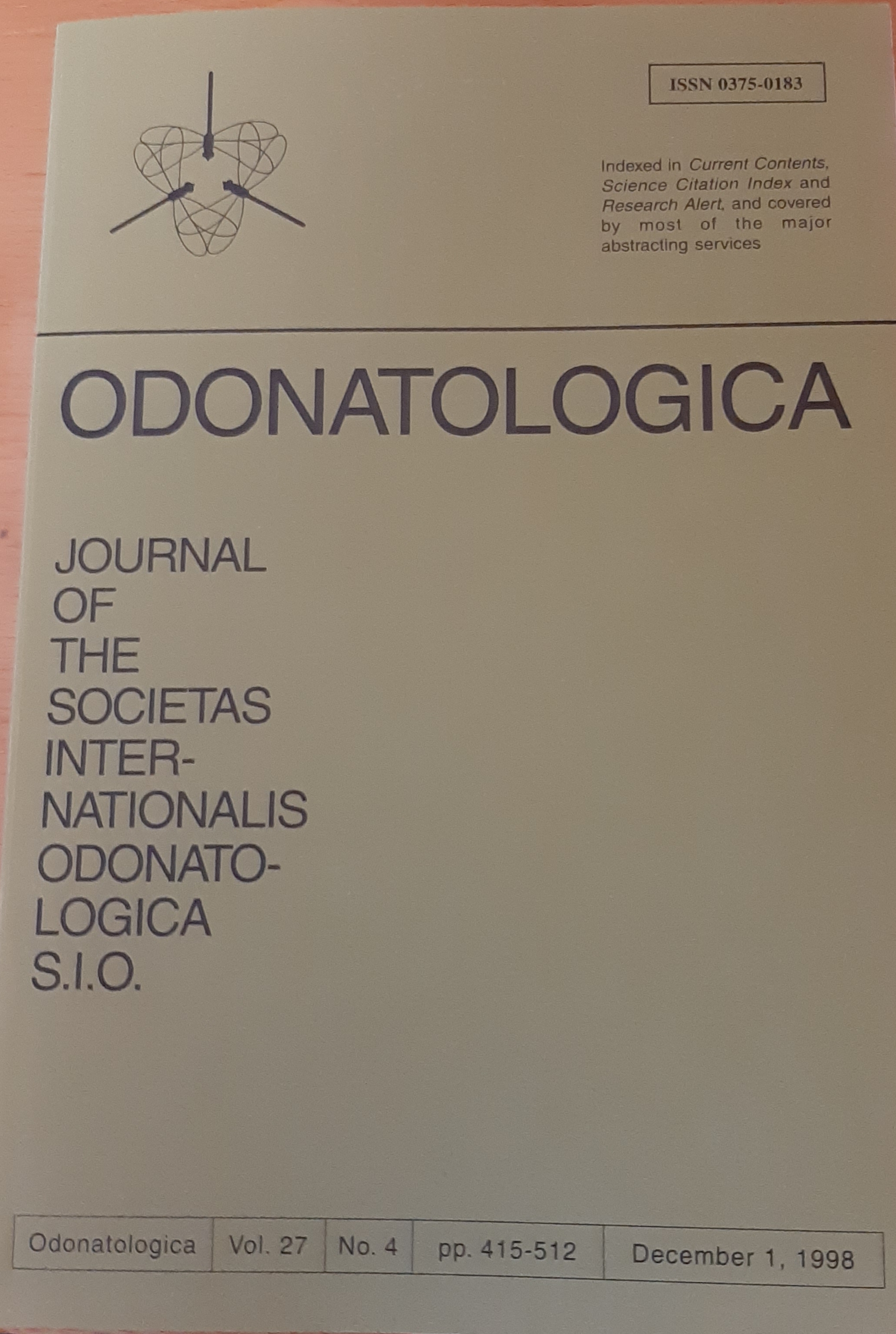 Odonatologica 1998/27. évf. 4. szám Journal of the Societas Internationalis Odonatologica S.I.O. (Rippl-Rónai Múzeum RR-F)