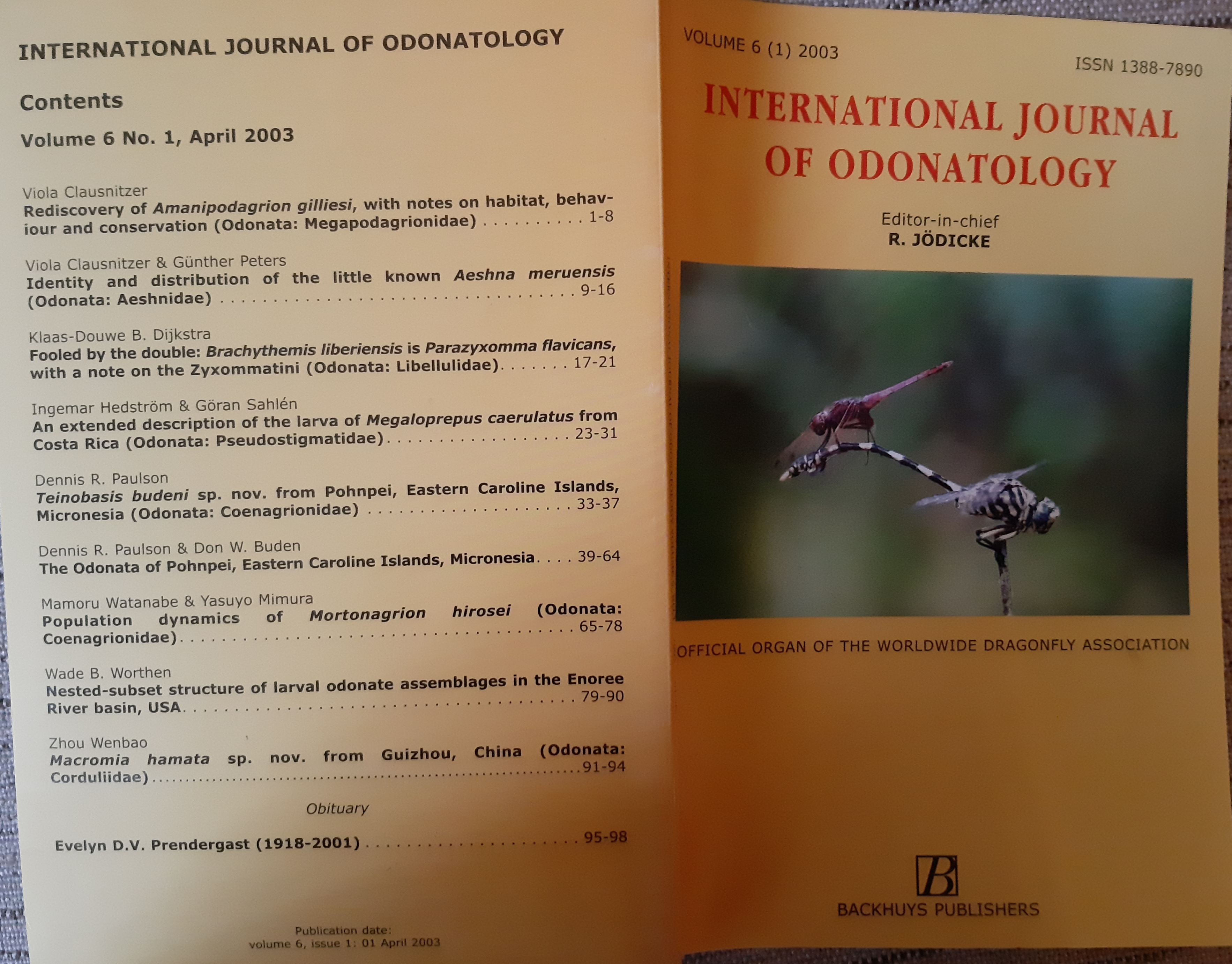 International Journal of Odonatology (Pantala) 2003/6. évf. 1. sz. (Rippl-Rónai Múzeum RR-F)