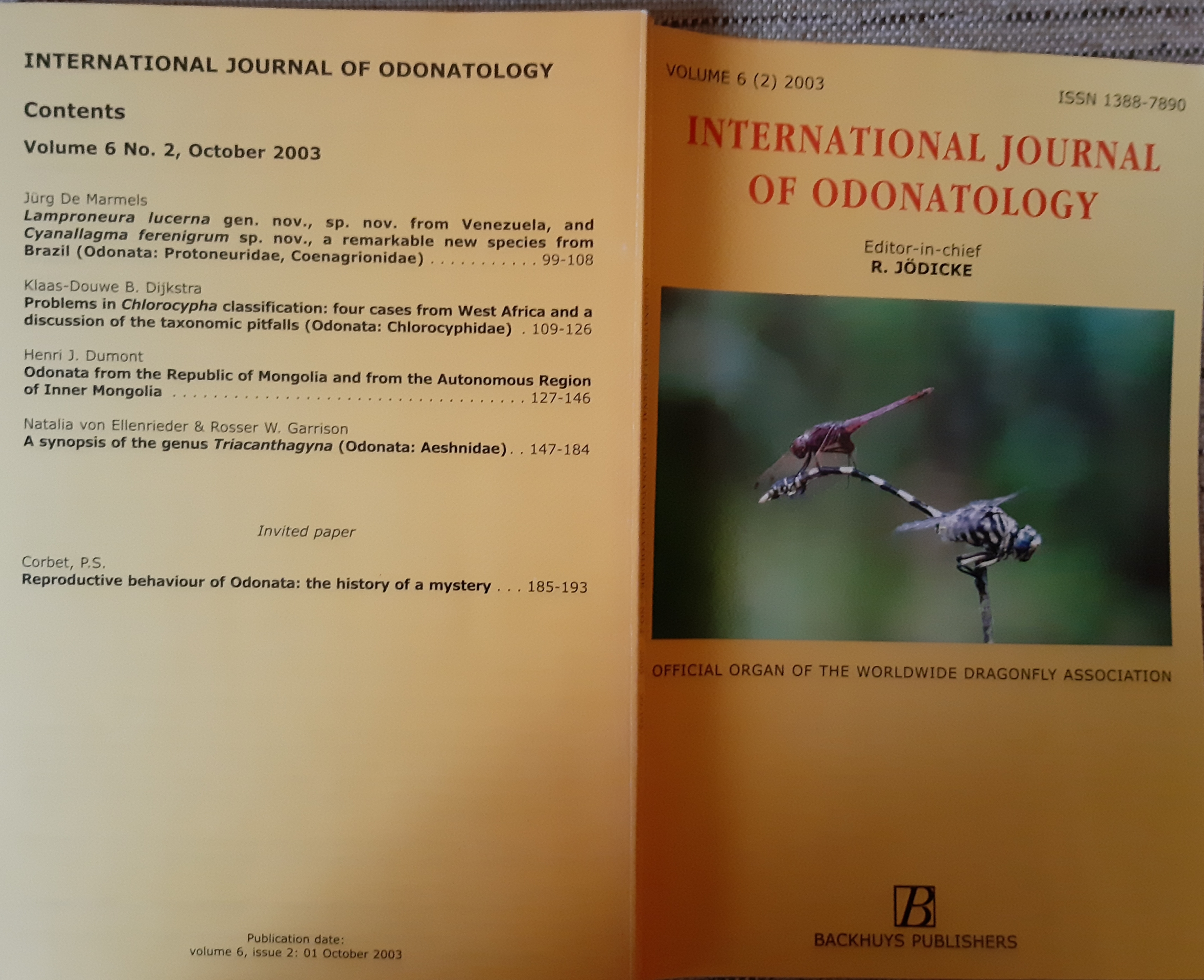 International Journal of Odonatology (Pantala) 2003/6. évf. 2. sz. (Rippl-Rónai Múzeum RR-F)