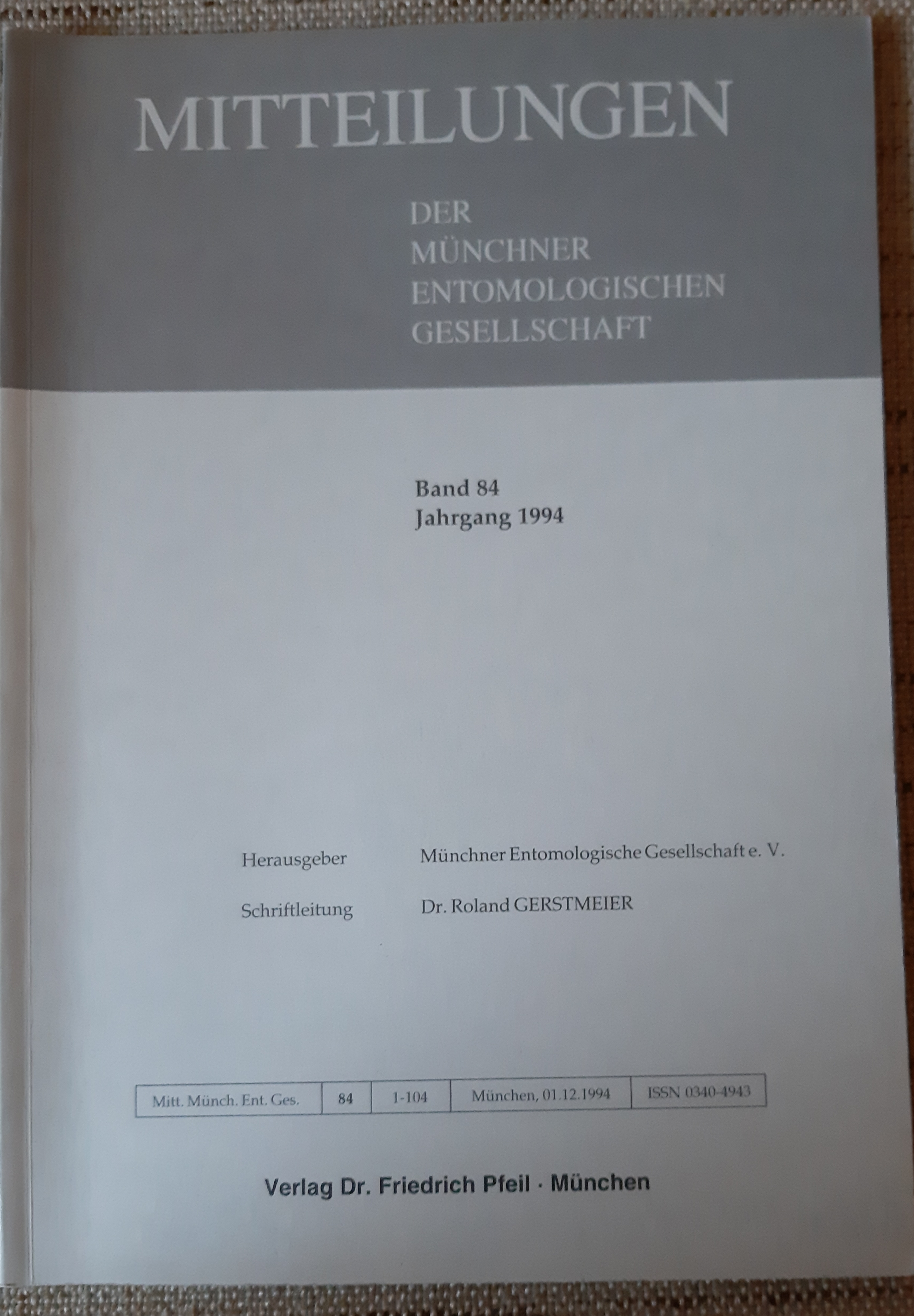 Mitteilungen der Münchner Entomologischen Gesellschaft 1994/84. kötet (Rippl-Rónai Múzeum RR-F)