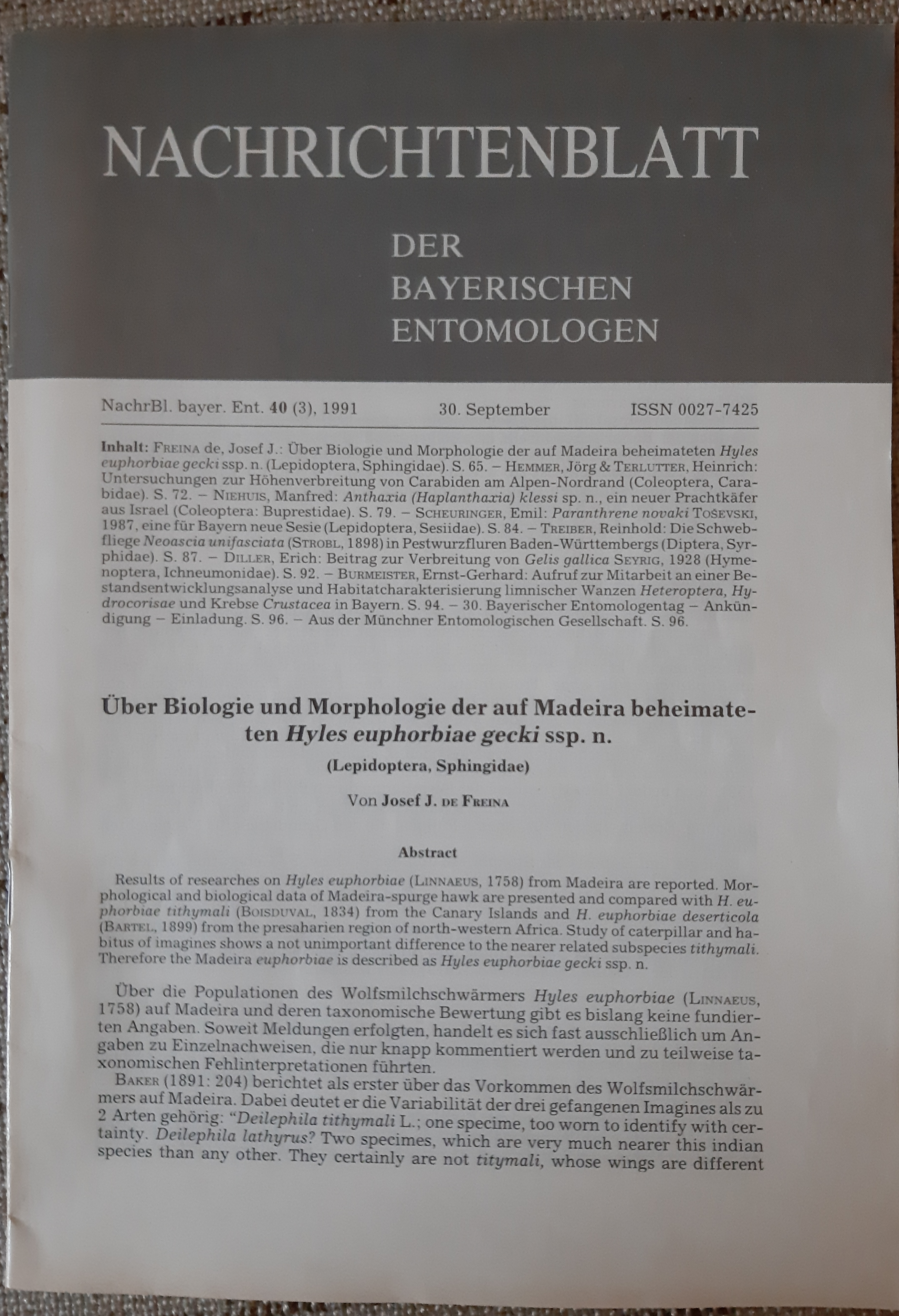Nachrichtenblatt der Bayerischen Entomologen 1991/40. évf. 3. szám (Rippl-Rónai Múzeum RR-F)
