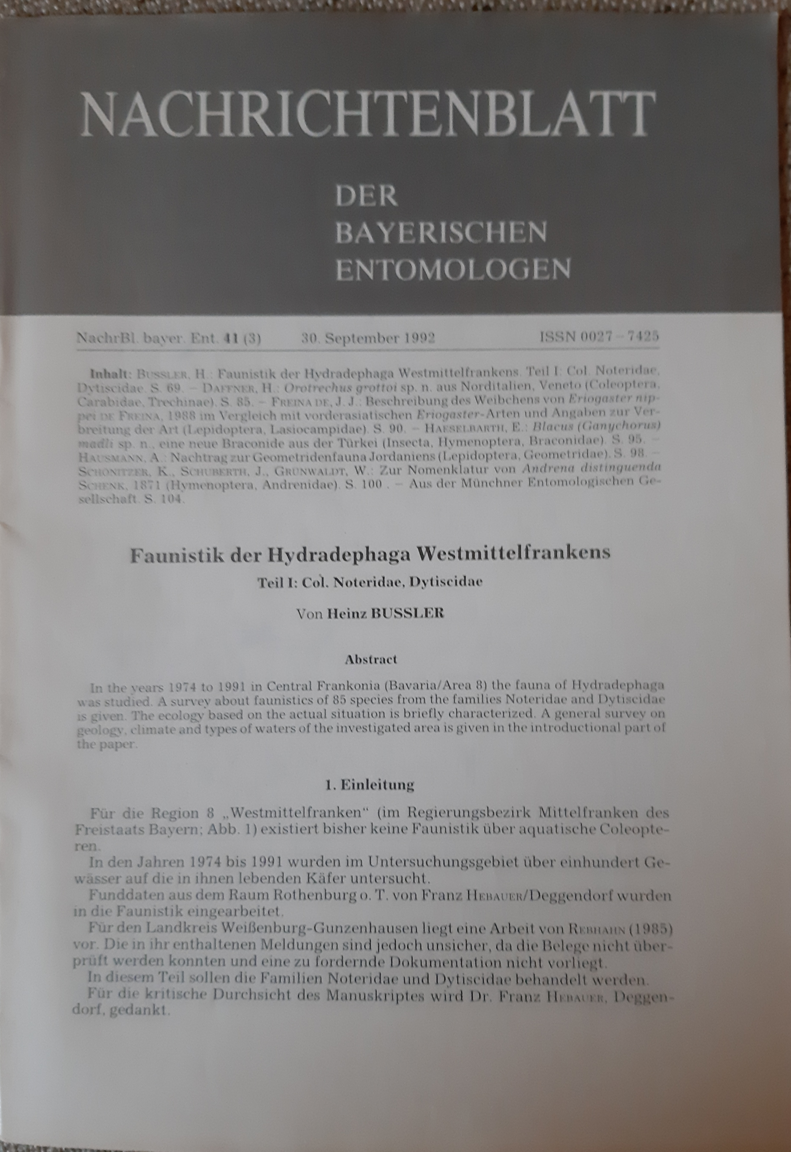 Nachrichtenblatt der Bayerischen Entomologen 1992/41. évf. 3. szám (Rippl-Rónai Múzeum RR-F)