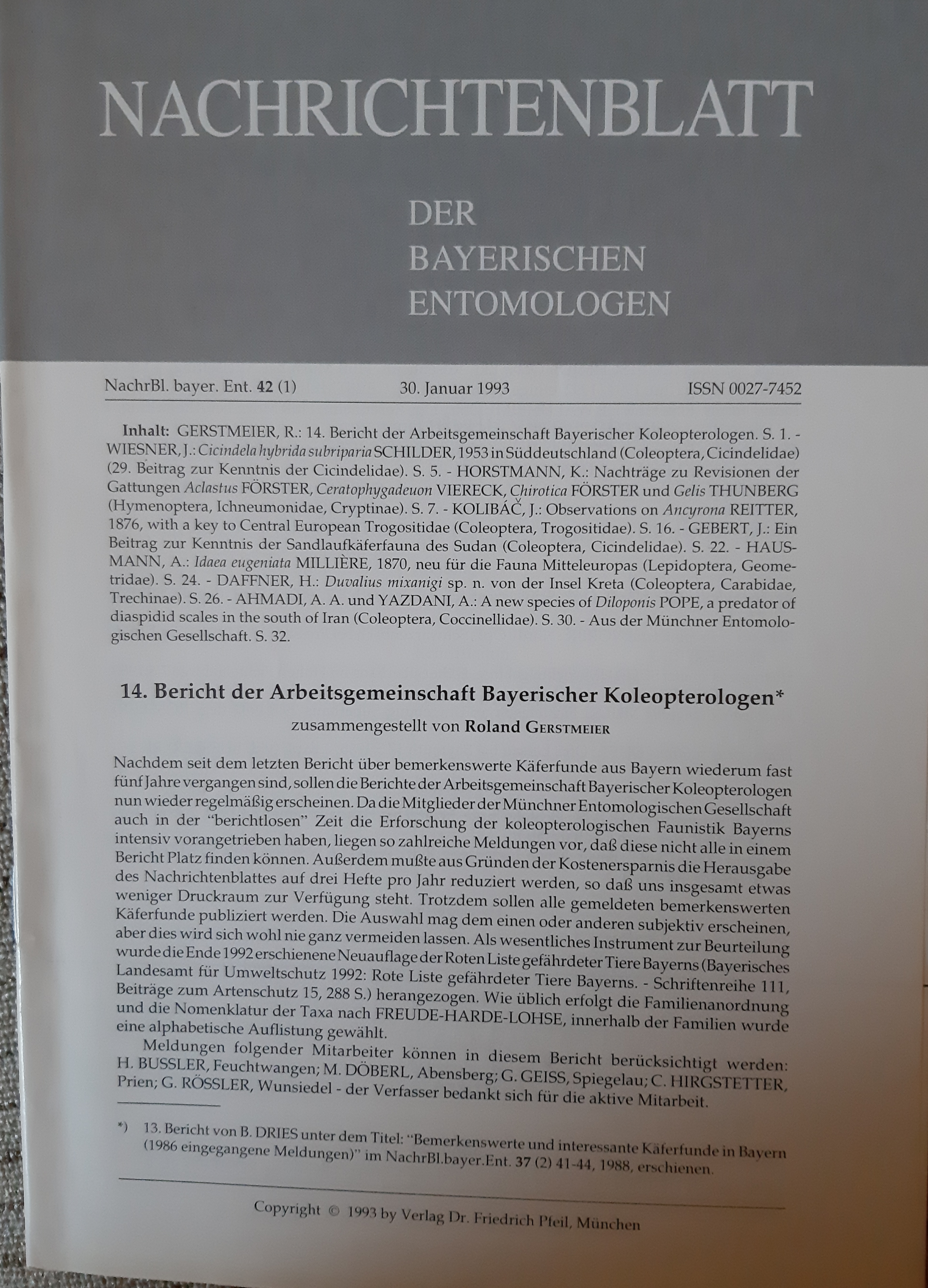 Nachrichtenblatt der Bayerischen Entomologen 1993/42. évf. 1. szám (Rippl-Rónai Múzeum RR-F)