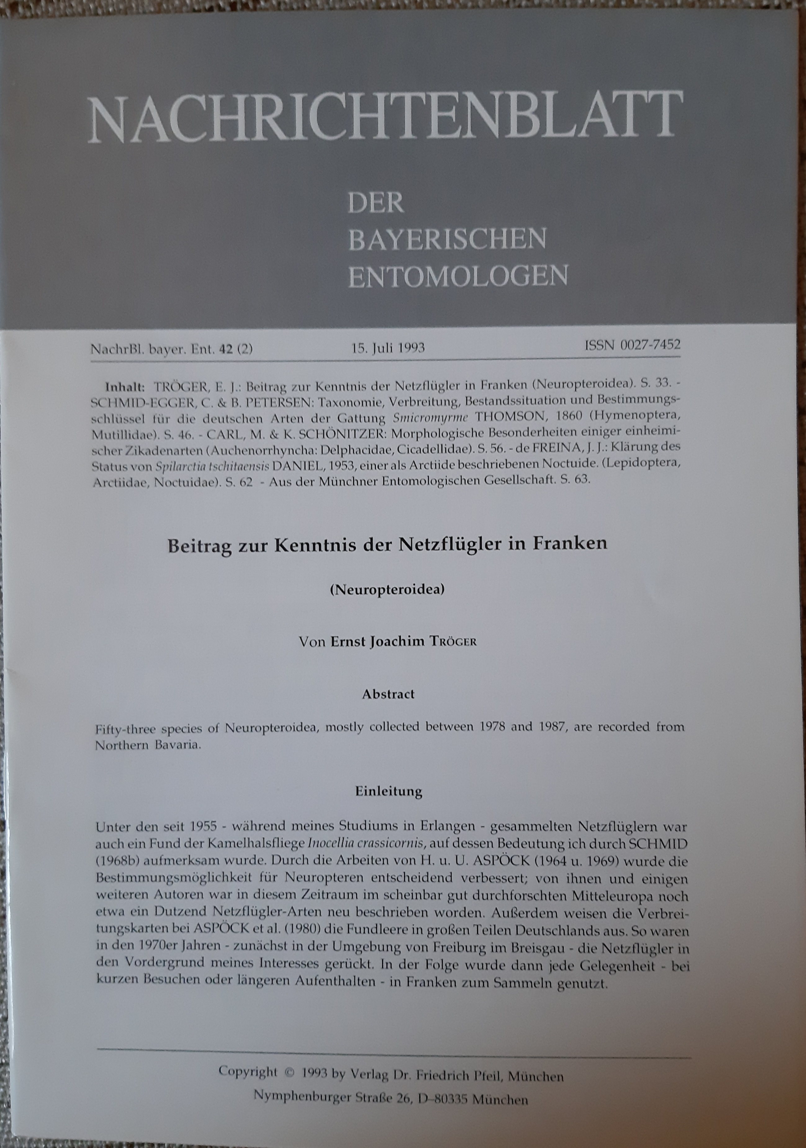Nachrichtenblatt der Bayerischen Entomologen 1993/42. évf. 2. szám (Rippl-Rónai Múzeum RR-F)