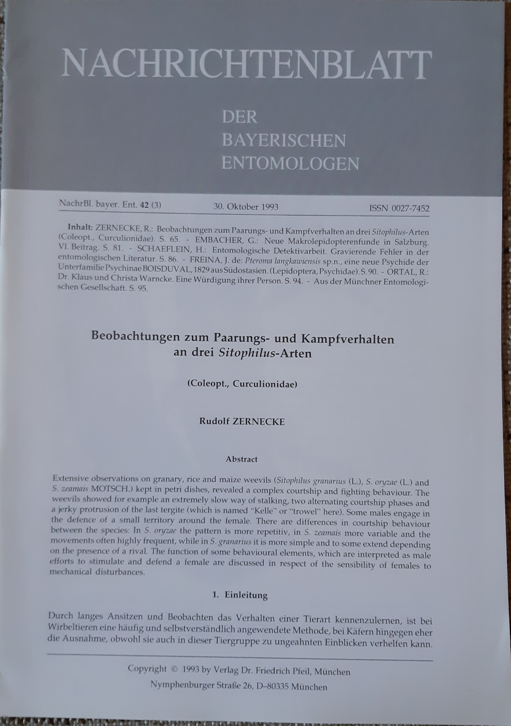 Nachrichtenblatt der Bayerischen Entomologen 1993/42. évf. 3. szám (Rippl-Rónai Múzeum RR-F)