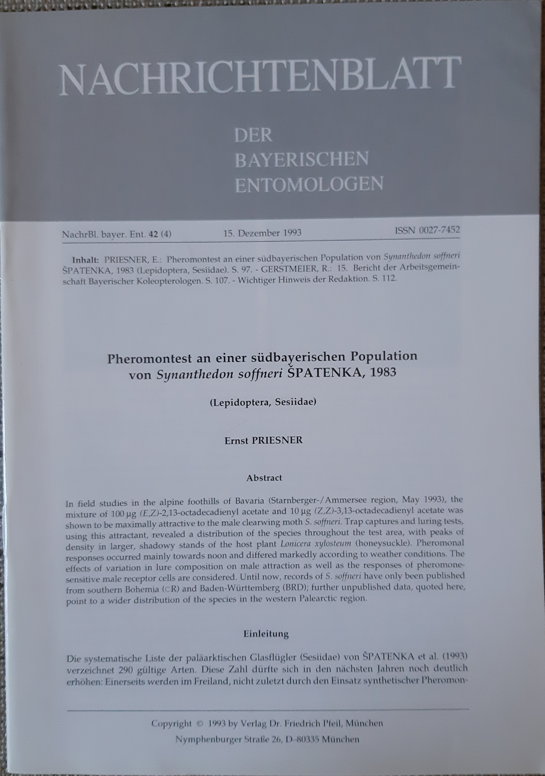 Nachrichtenblatt der Bayerischen Entomologen 1993/42. évf. 4. szám (Rippl-Rónai Múzeum RR-F)