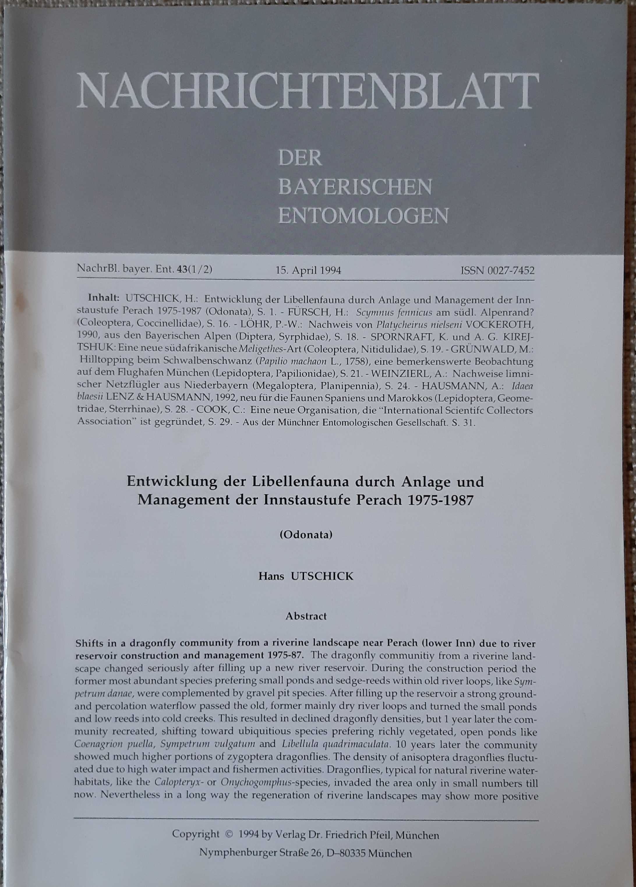Nachrichtenblatt der Bayerischen Entomologen 1994/43. évf. 1-2. szám (Rippl-Rónai Múzeum RR-F)