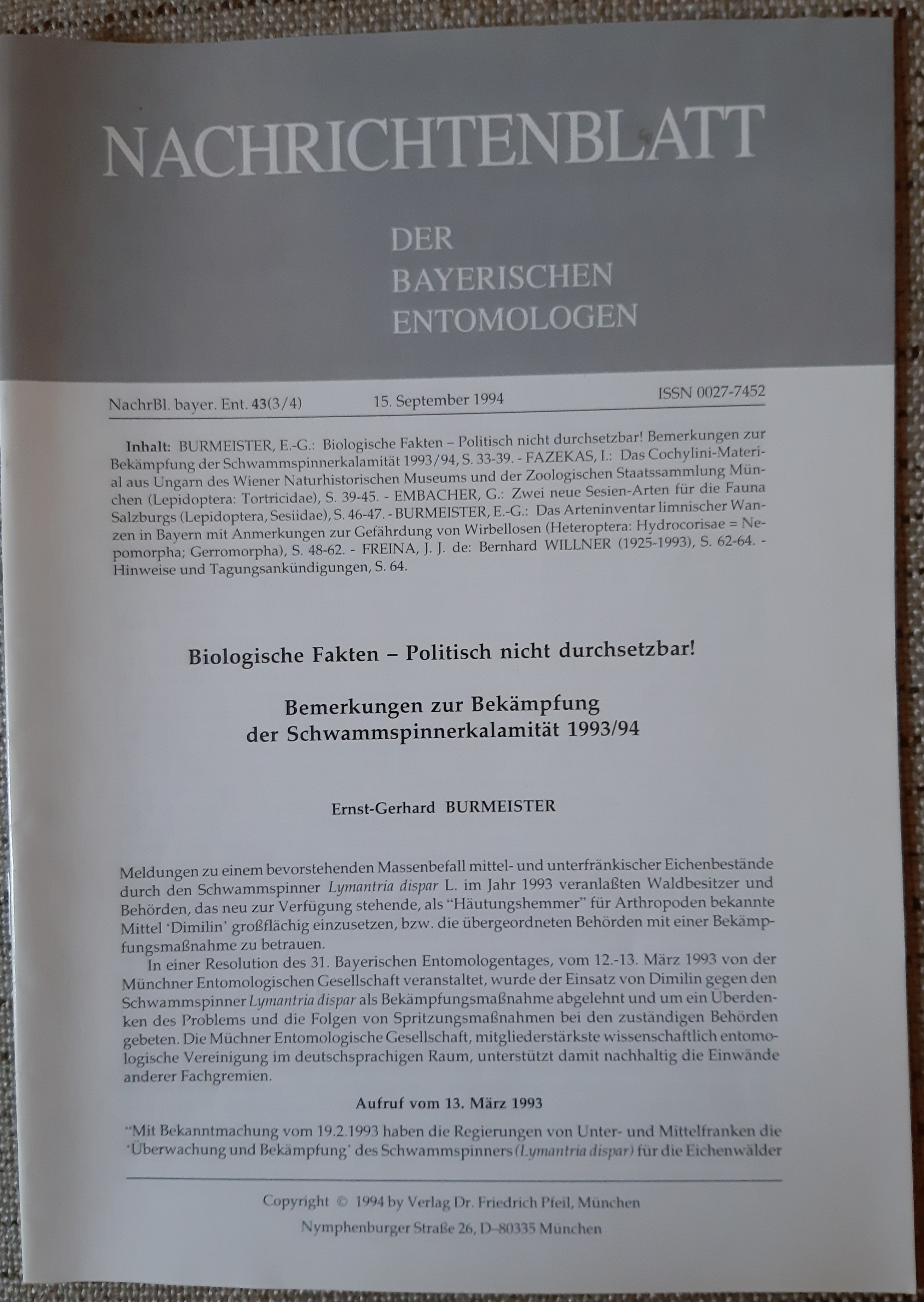 Nachrichtenblatt der Bayerischen Entomologen 1994/43. évf. 3-4. szám (Rippl-Rónai Múzeum RR-F)