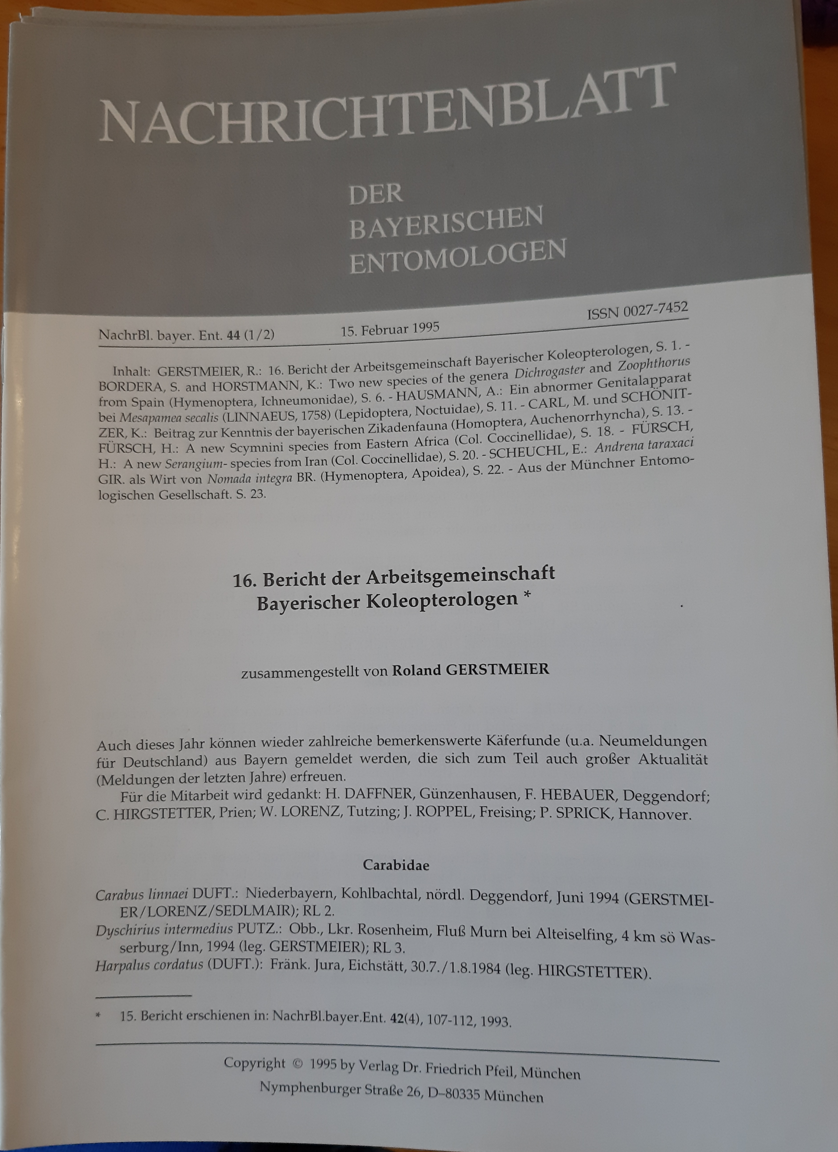 Nachrichtenblatt der Bayerischen Entomologen 1995/44. évf. 1-2. szám (Rippl-Rónai Múzeum RR-F)