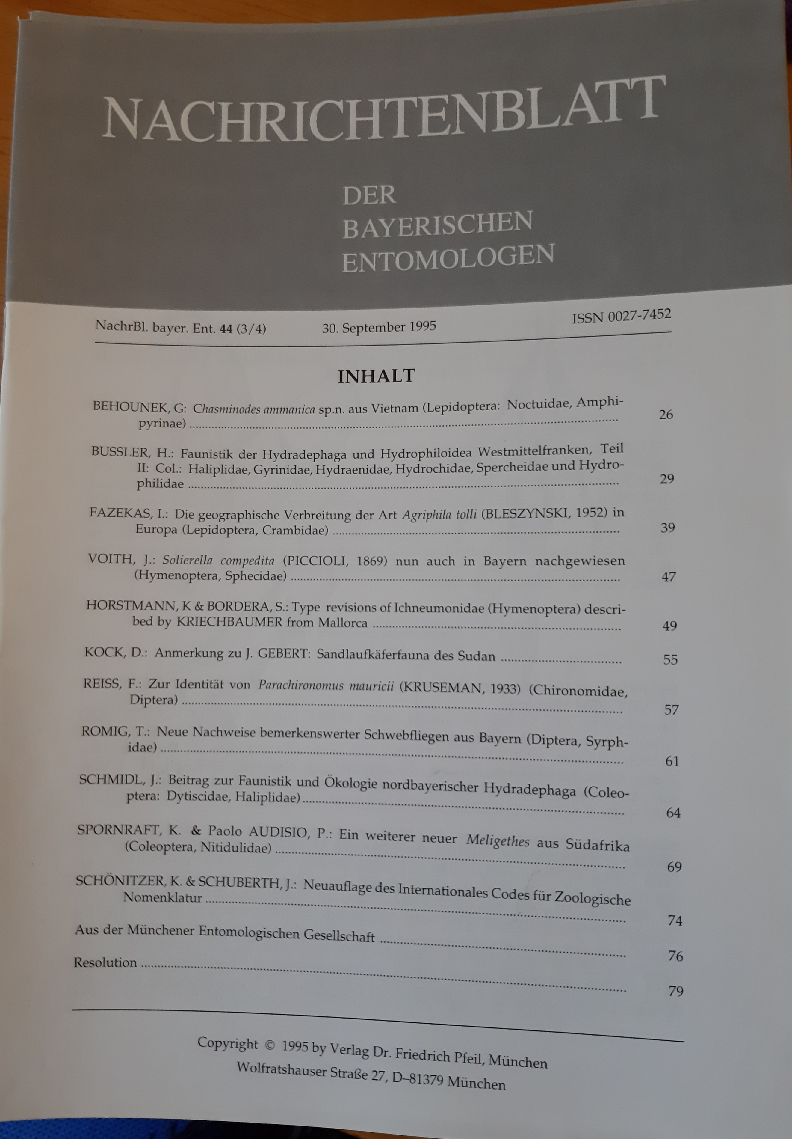 Nachrichtenblatt der Bayerischen Entomologen 1995/44. évf. 3-4. szám (Rippl-Rónai Múzeum RR-F)