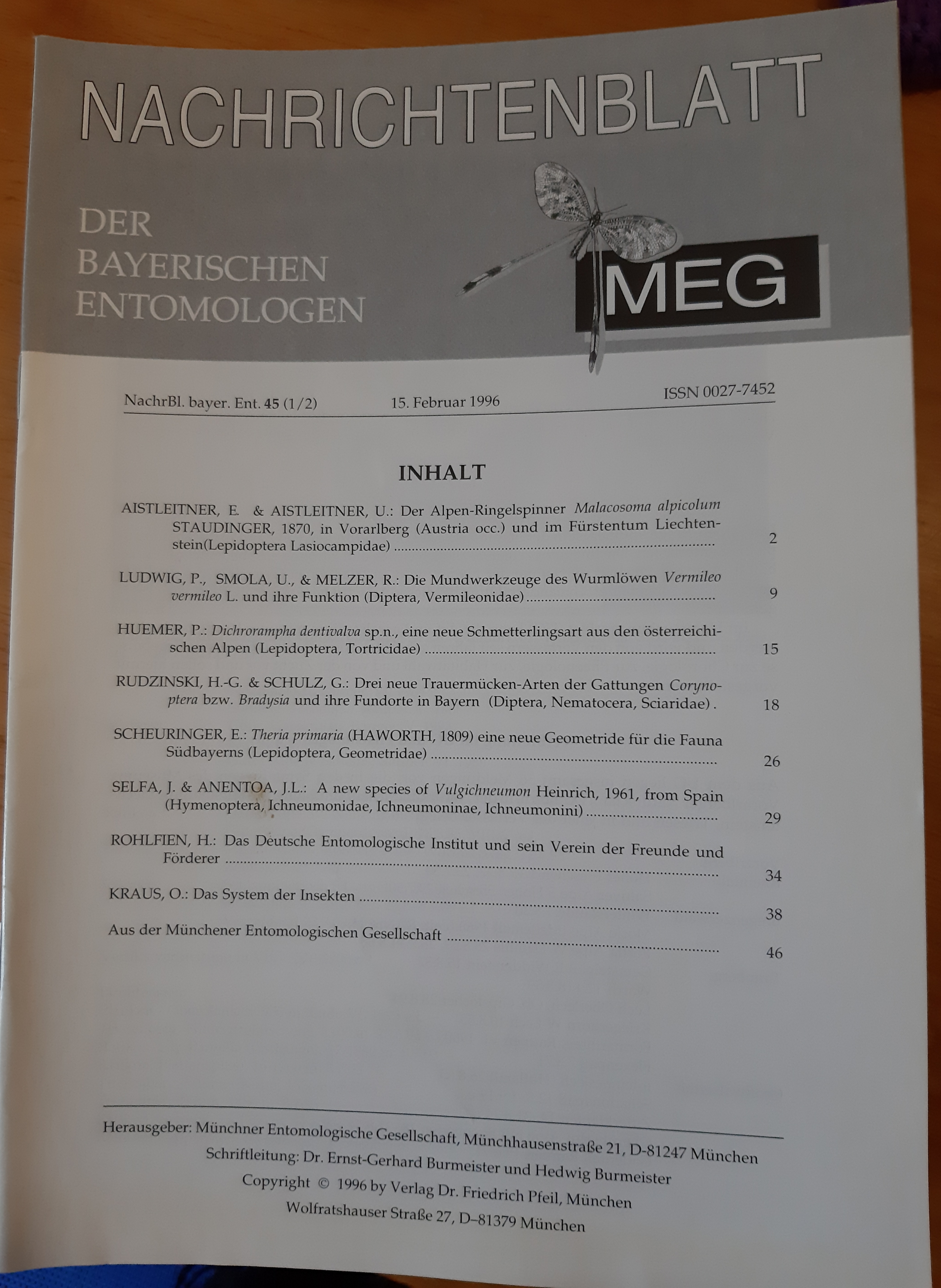 Nachrichtenblatt der Bayerischen Entomologen 1996/45. évf. 1-2. szám (Rippl-Rónai Múzeum RR-F)