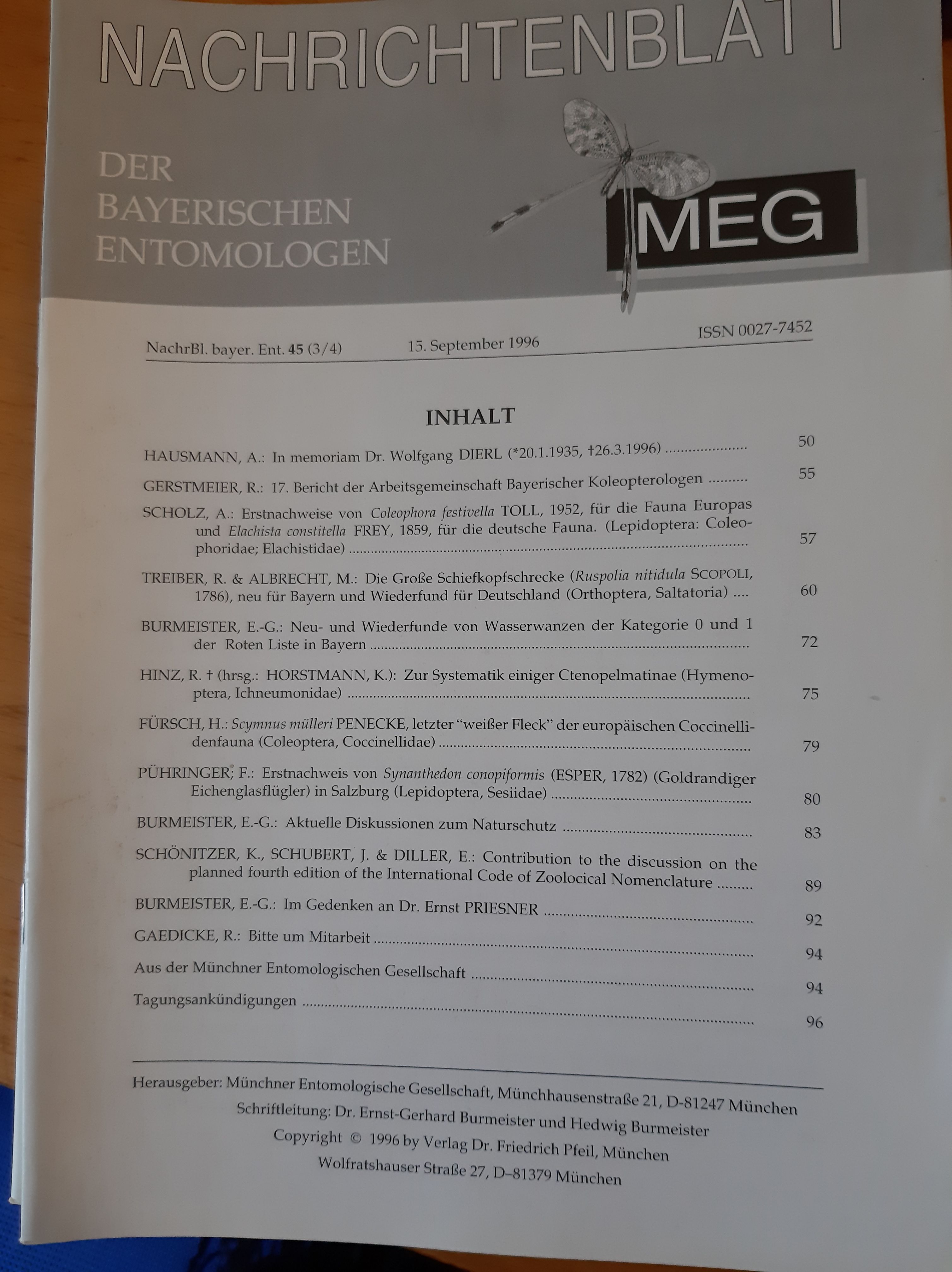 Nachrichtenblatt der Bayerischen Entomologen 1996/45. évf. 3-4. szám (Rippl-Rónai Múzeum RR-F)