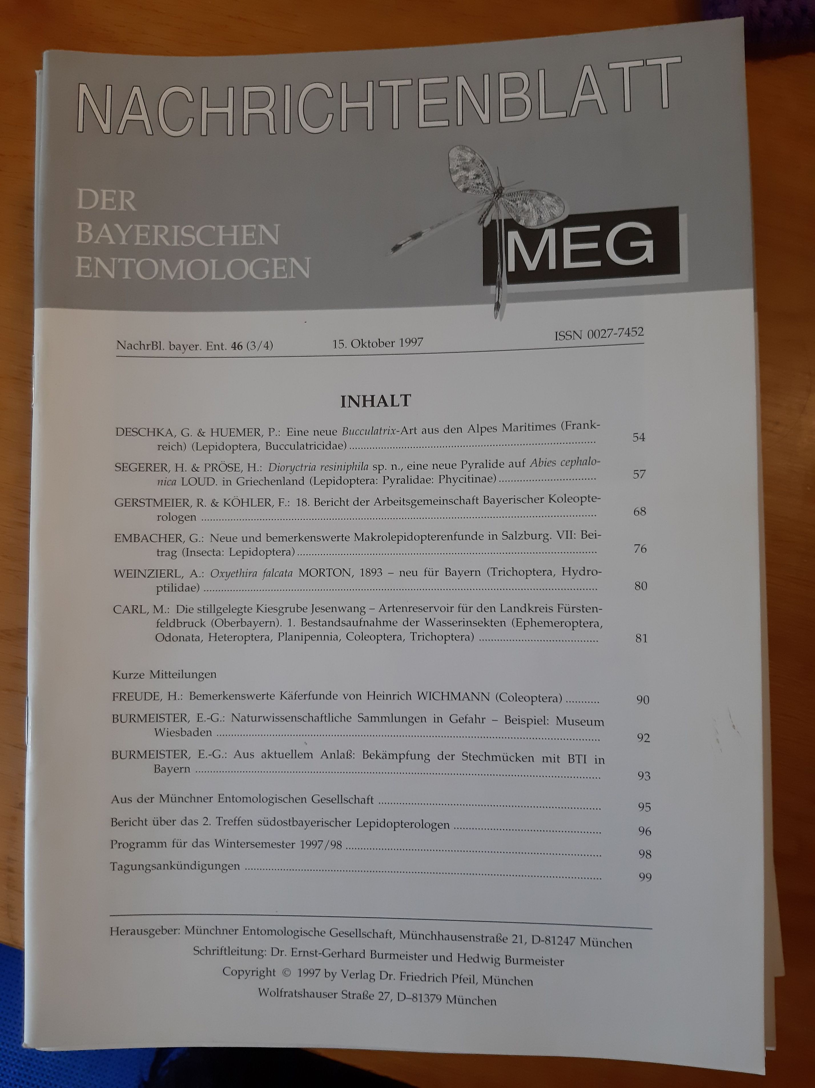 Nachrichtenblatt der Bayerischen Entomologen 1997/46. évf. 3-4. szám (Rippl-Rónai Múzeum RR-F)