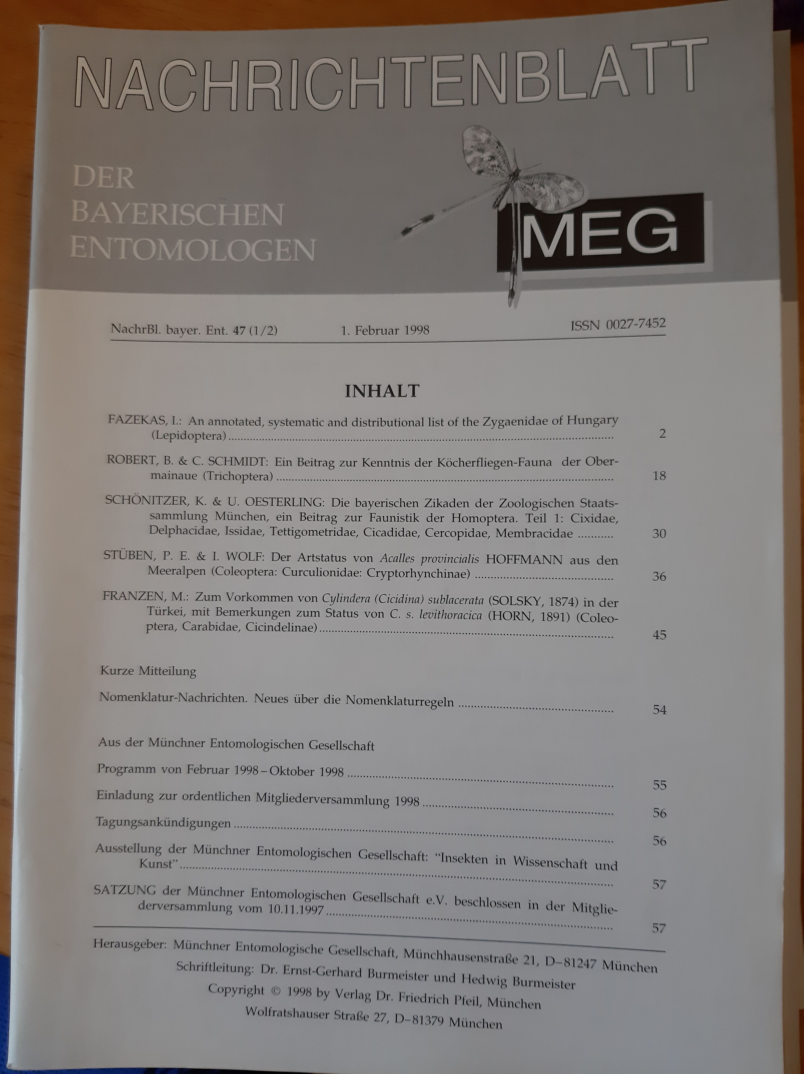 Nachrichtenblatt der Bayerischen Entomologen 1998/47. évf. 1-2. szám (Rippl-Rónai Múzeum RR-F)