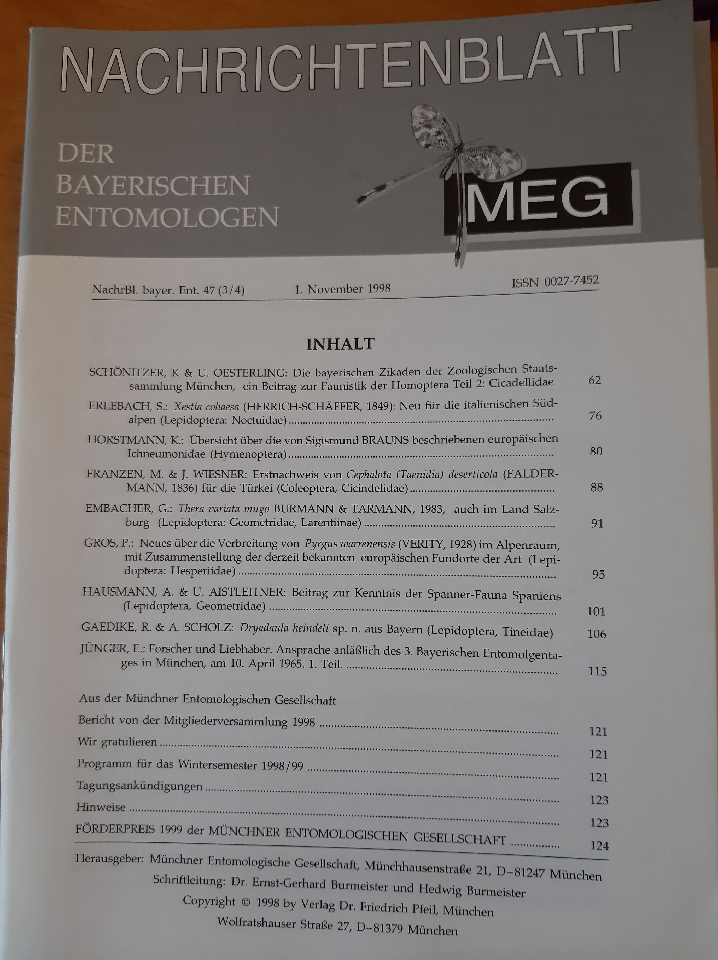 Nachrichtenblatt der Bayerischen Entomologen 1998/47. évf. 3-4. szám (Rippl-Rónai Múzeum RR-F)