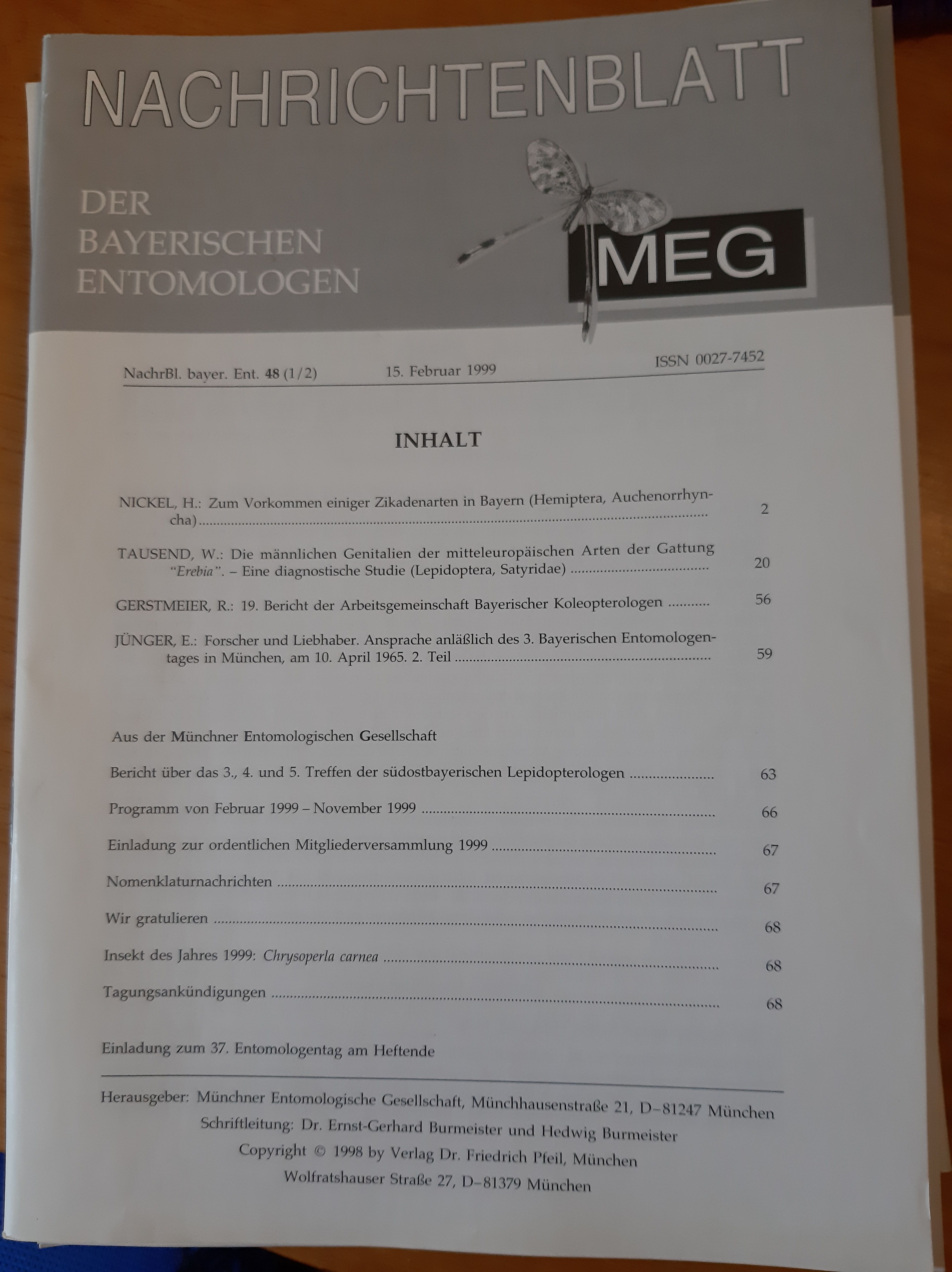 Nachrichtenblatt der Bayerischen Entomologen 1999/48. évf. 1-2. szám (Rippl-Rónai Múzeum RR-F)