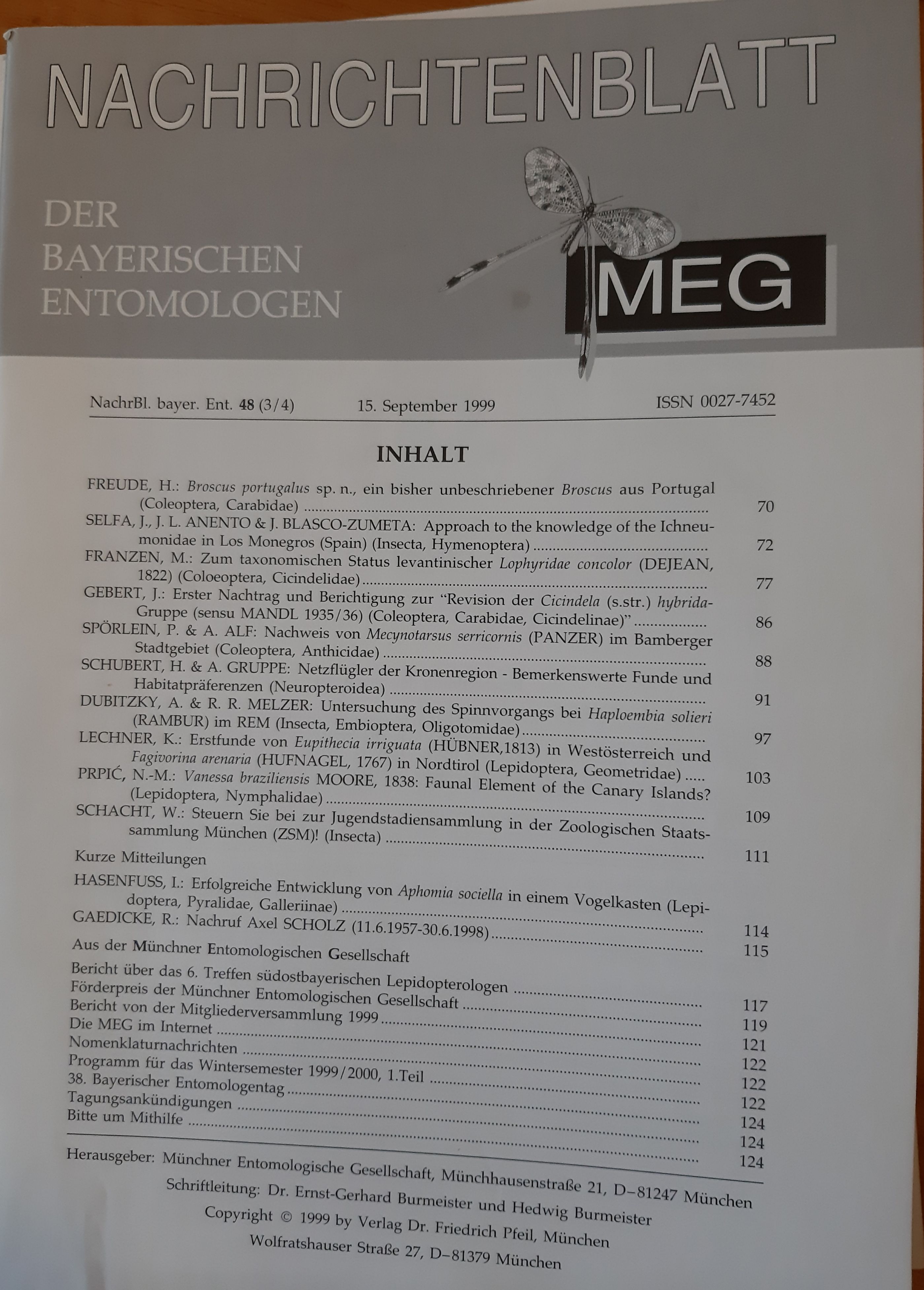 Nachrichtenblatt der Bayerischen Entomologen 1999/48. évf. 3-4. szám (Rippl-Rónai Múzeum RR-F)