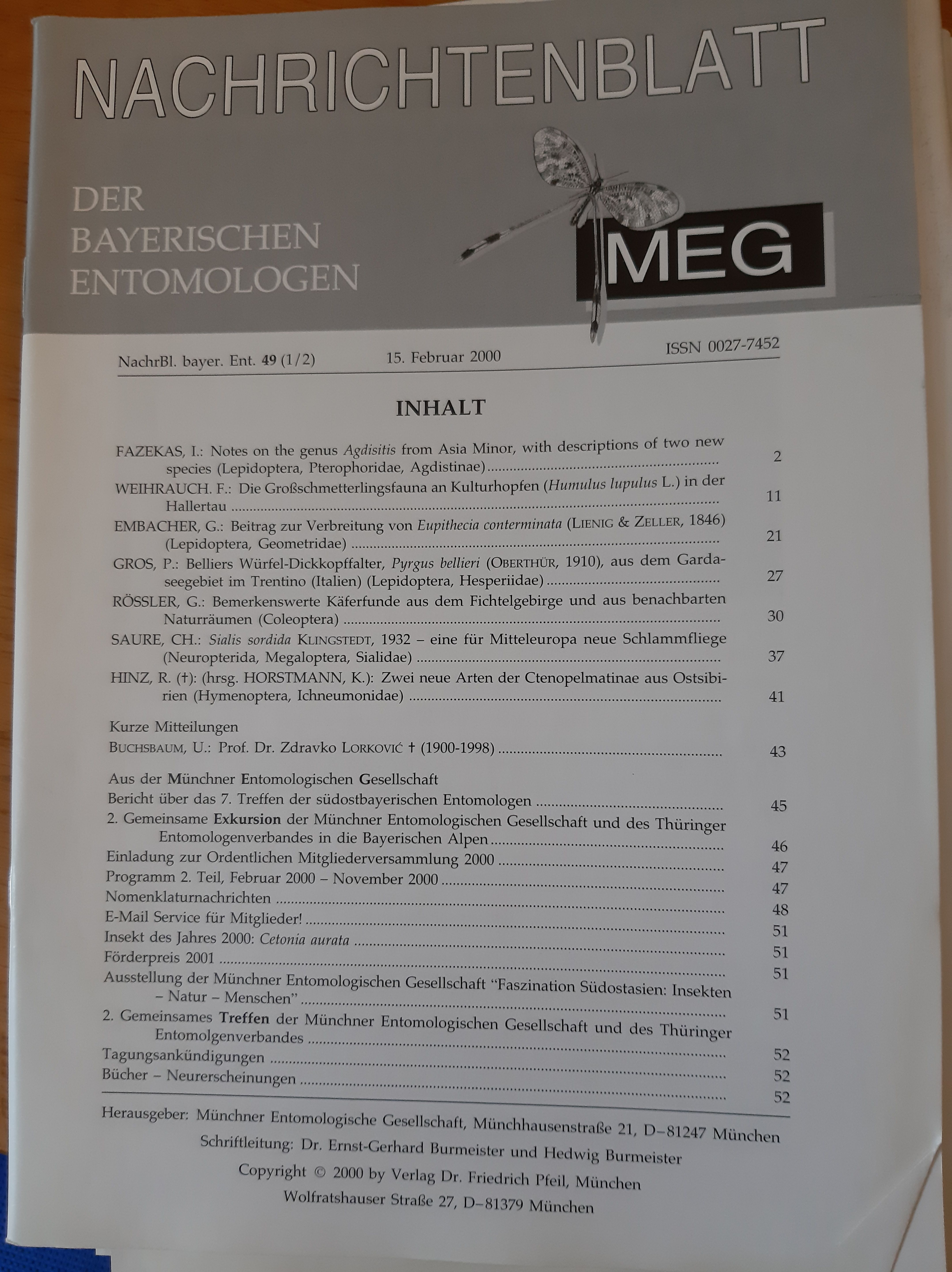 Nachrichtenblatt der Bayerischen Entomologen 2000/49. évf. 1-2. szám (Rippl-Rónai Múzeum RR-F)