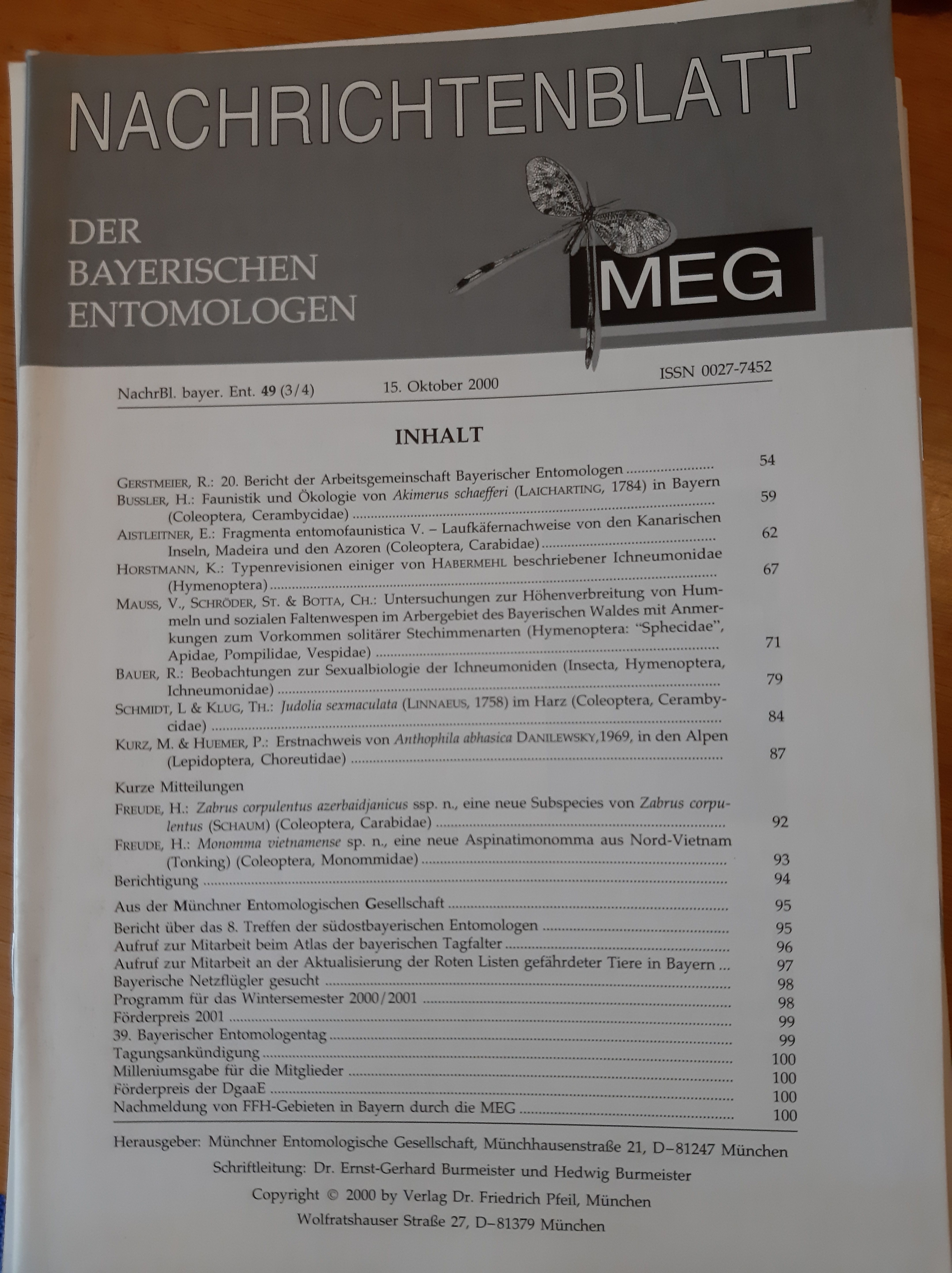 Nachrichtenblatt der Bayerischen Entomologen 2000/49. évf. 3-4. szám (Rippl-Rónai Múzeum RR-F)