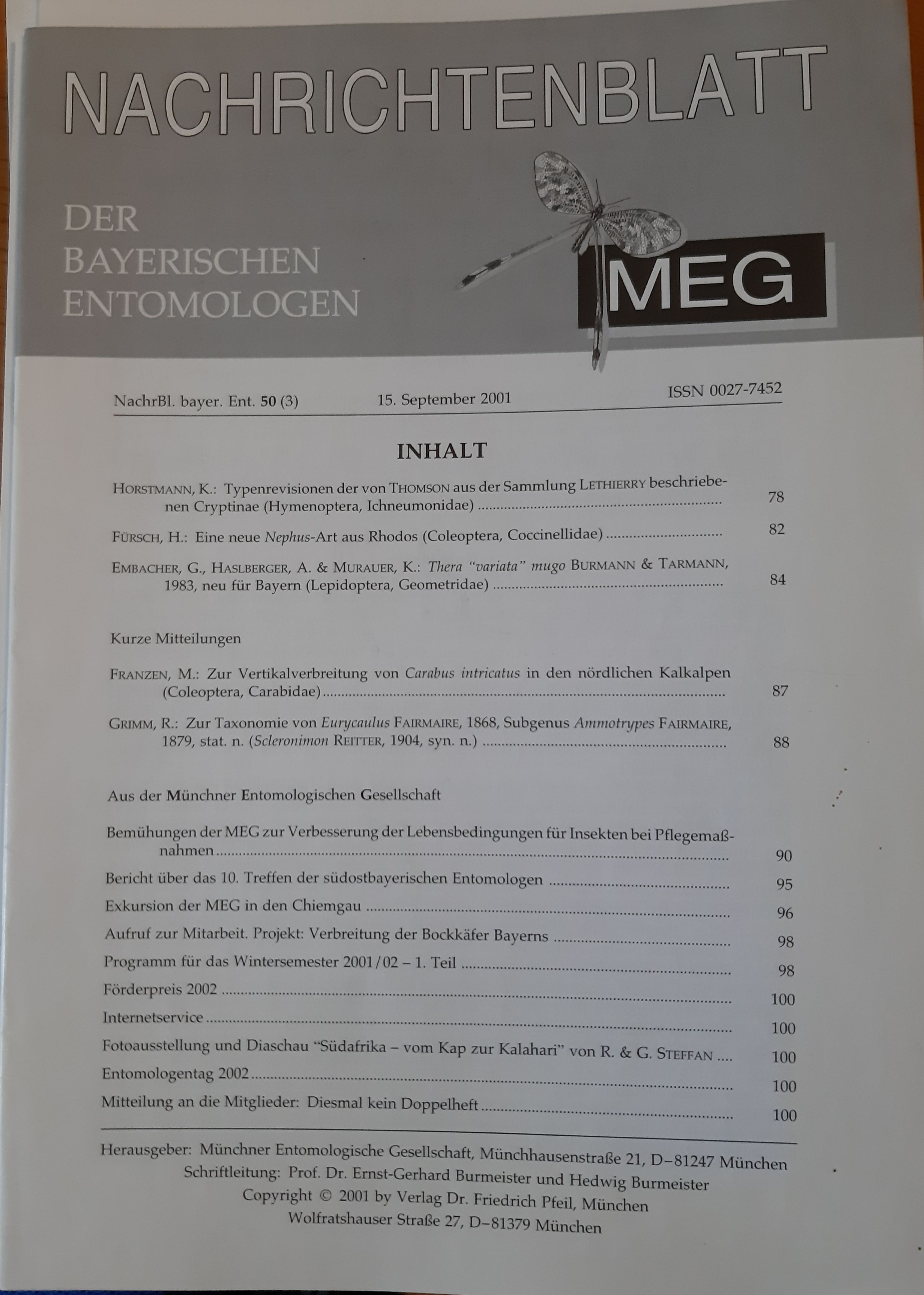 Nachrichtenblatt der Bayerischen Entomologen 2001/50. évf. 3. szám (Rippl-Rónai Múzeum RR-F)