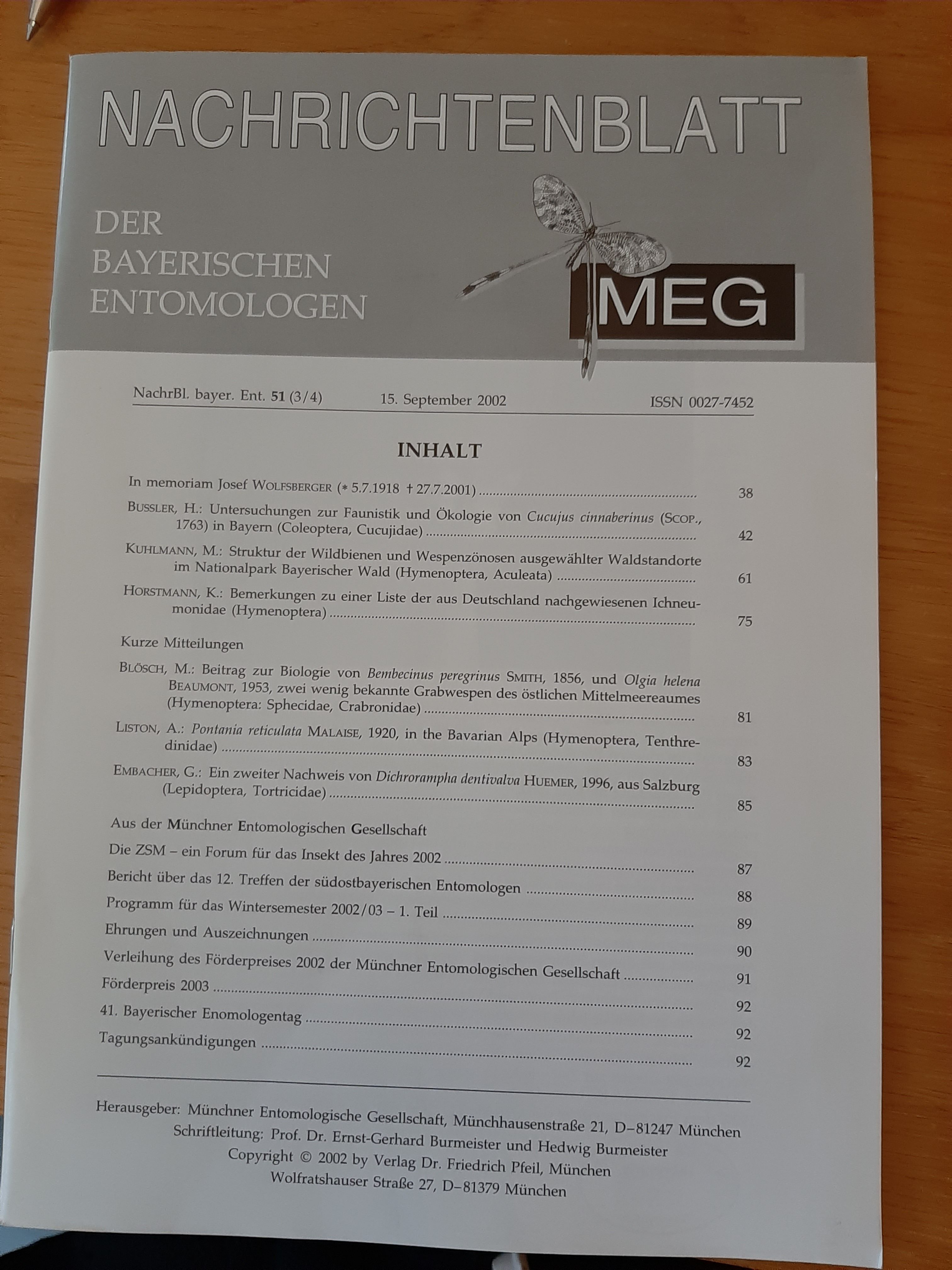 Nachrichtenblatt der Bayerischen Entomologen 2002/51. évf. 3-4. szám (Rippl-Rónai Múzeum RR-F)