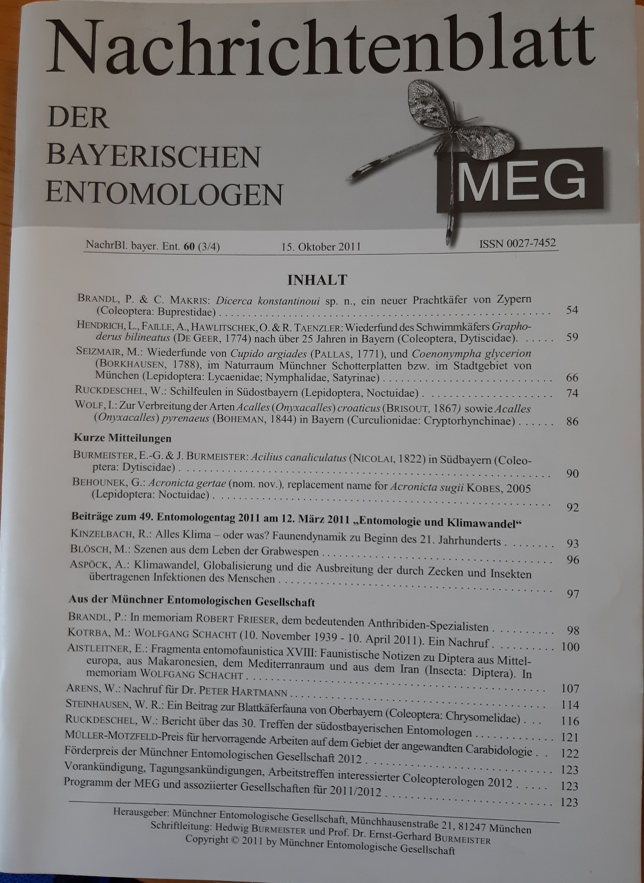 Nachrichtenblatt der Bayerischen Entomologen 20011/60. évf. 3-4. szám (Rippl-Rónai Múzeum RR-F)
