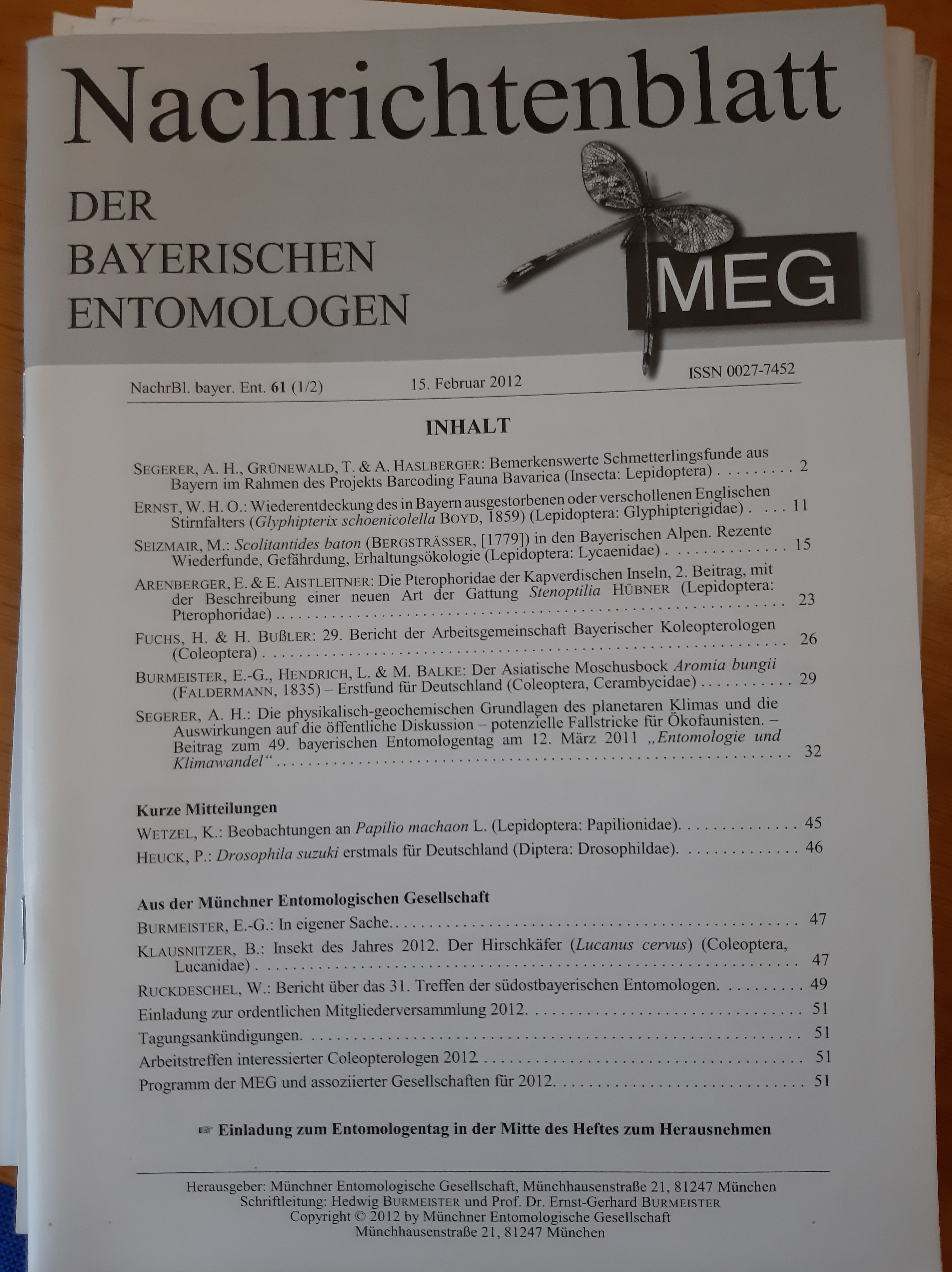 Nachrichtenblatt der Bayerischen Entomologen 2012/61. évf. 1-2. szám (Rippl-Rónai Múzeum RR-F)