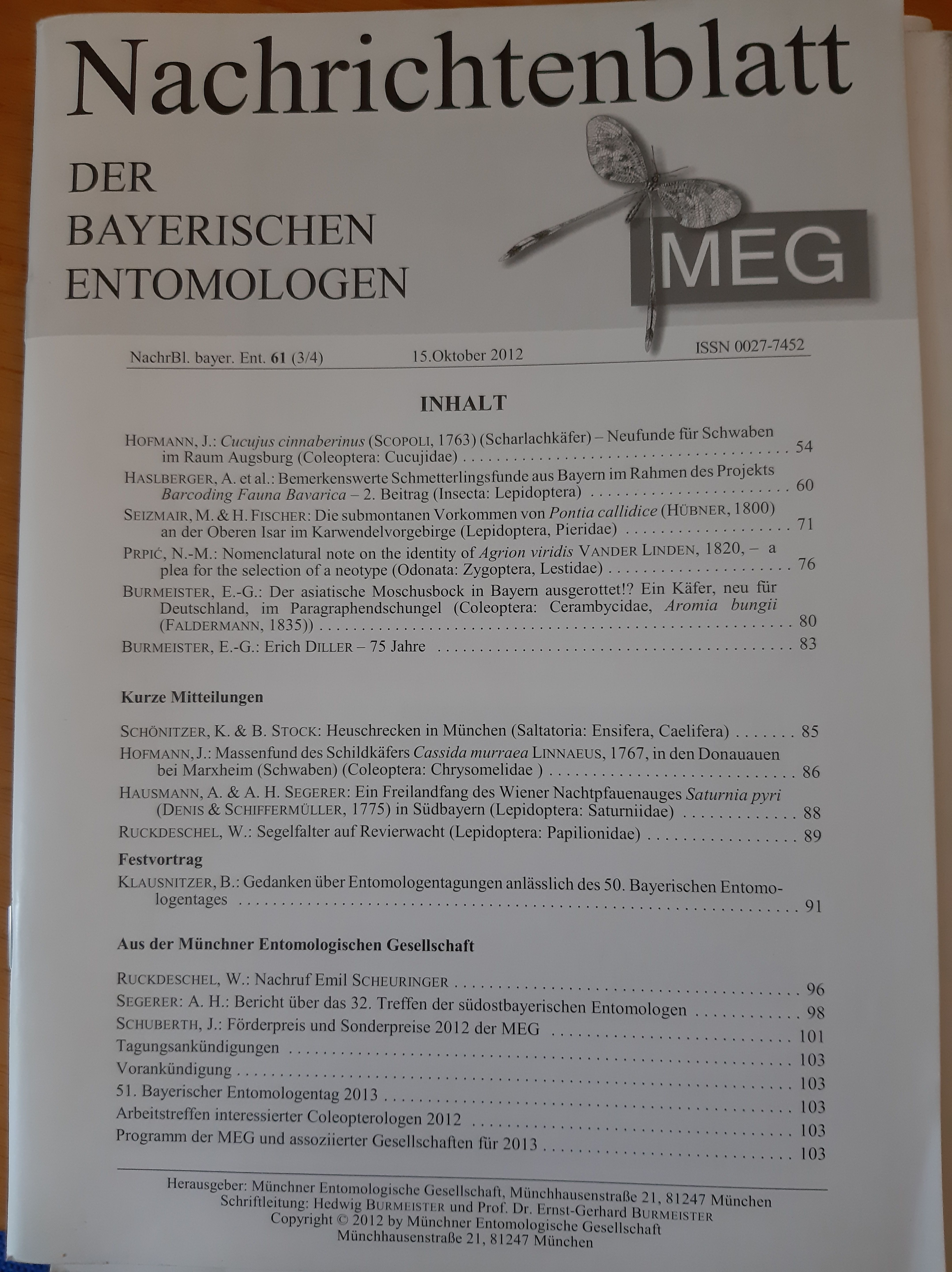Nachrichtenblatt der Bayerischen Entomologen 2012/61. évf. 3-4. szám (Rippl-Rónai Múzeum RR-F)