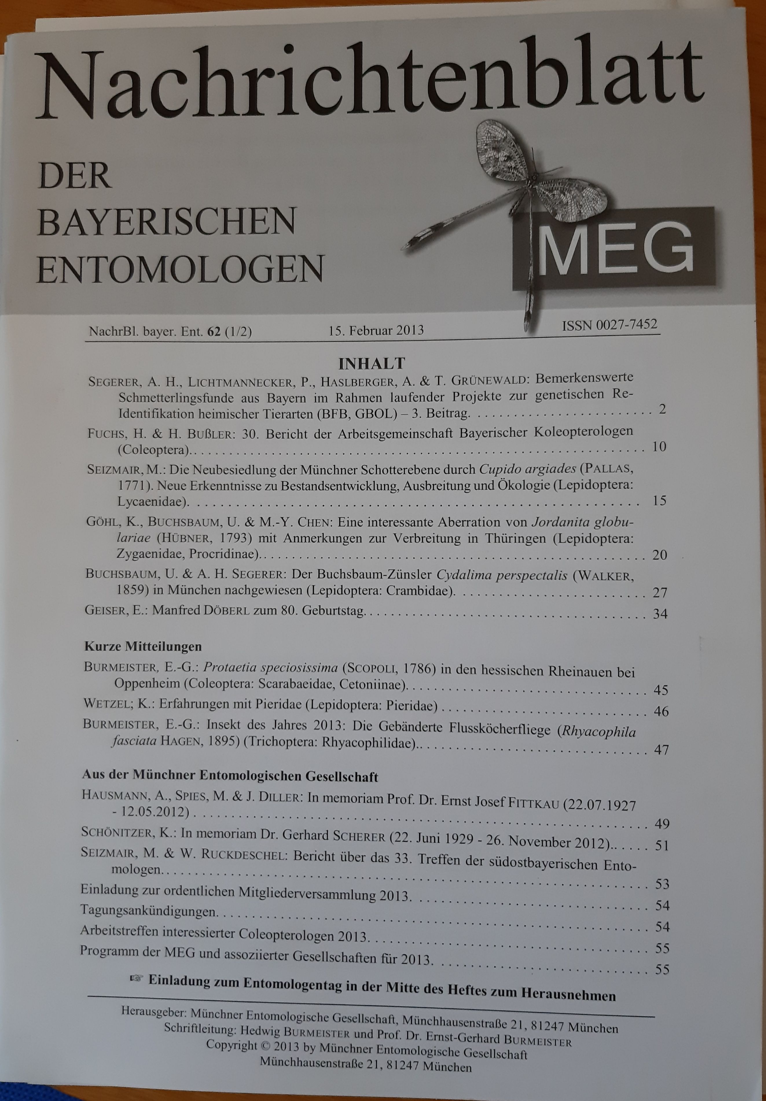 Nachrichtenblatt der Bayerischen Entomologen 2013/62. évf. 1-2. szám (Rippl-Rónai Múzeum RR-F)