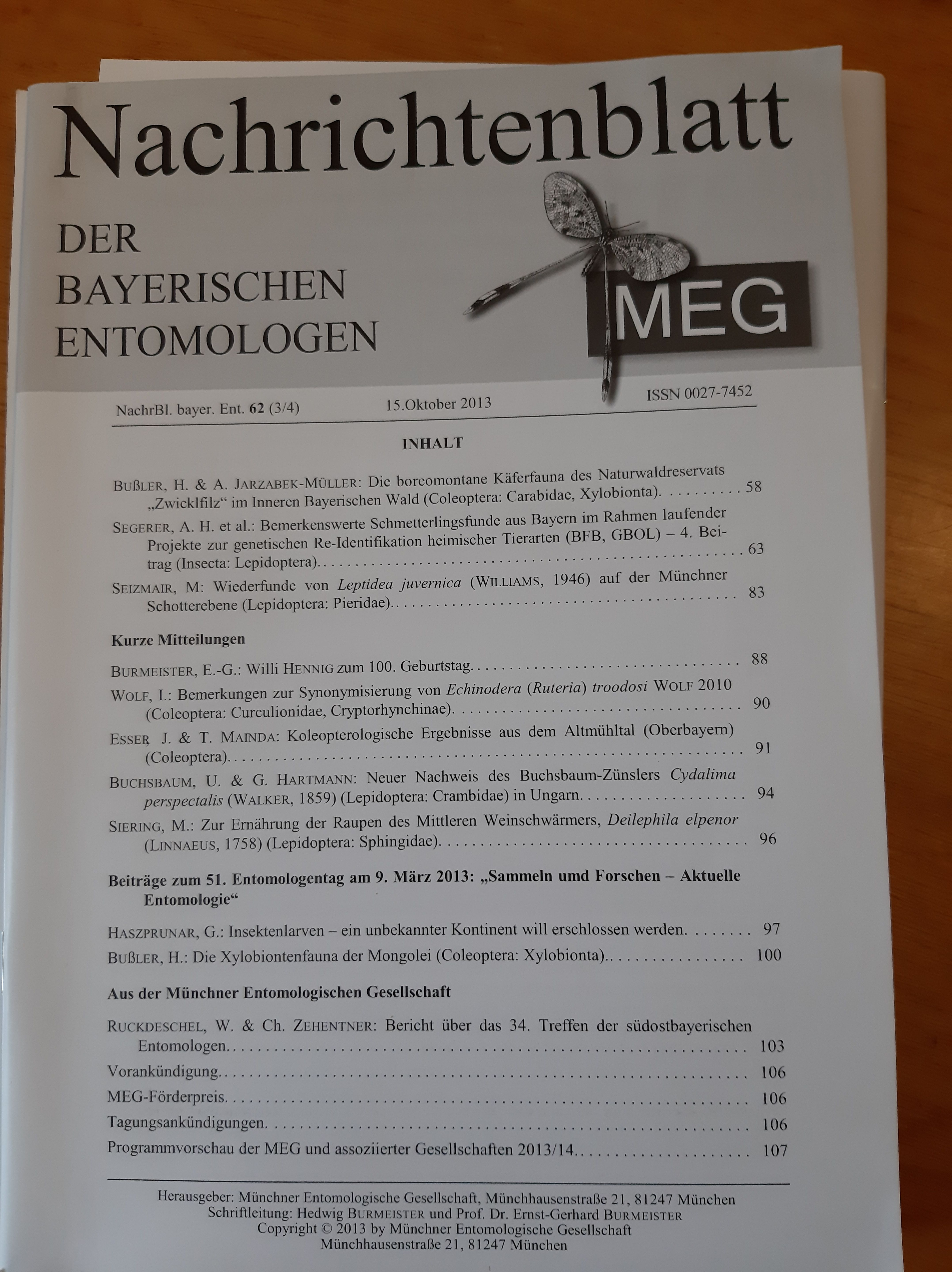Nachrichtenblatt der Bayerischen Entomologen 2013/62. évf. 3-4. szám (Rippl-Rónai Múzeum RR-F)