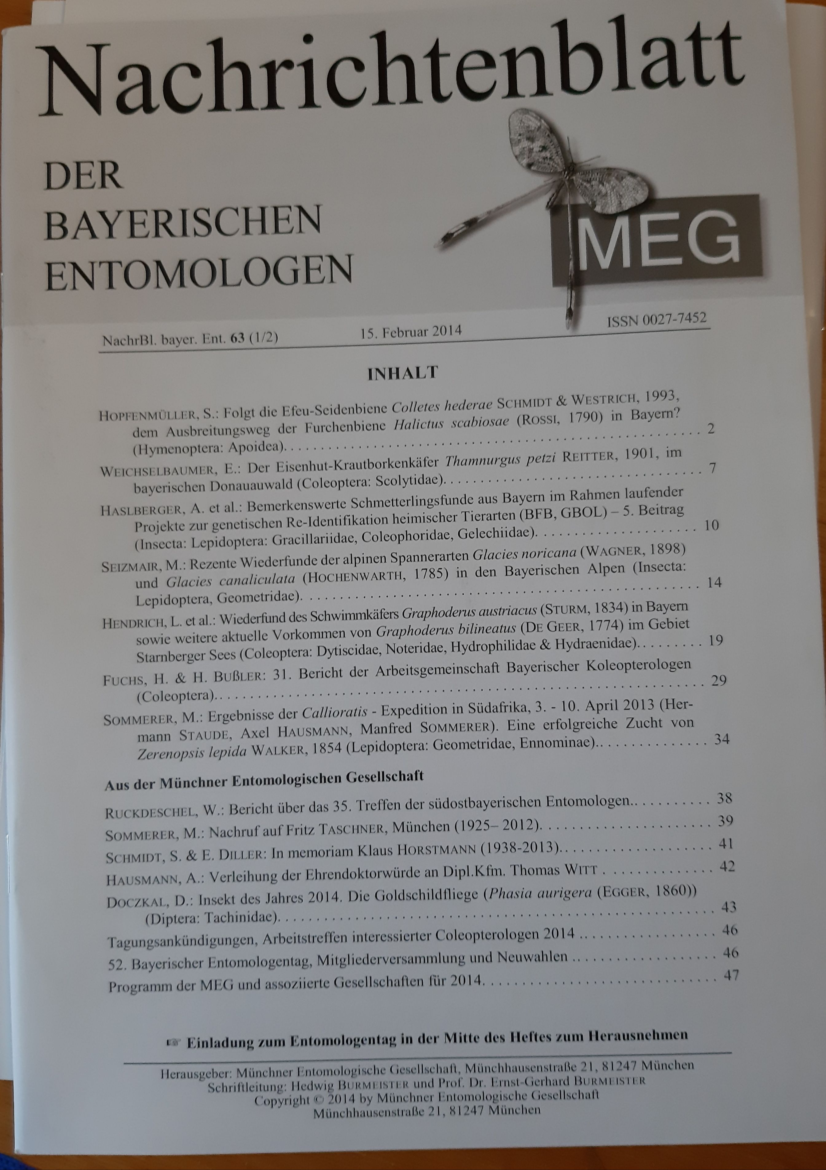 Nachrichtenblatt der Bayerischen Entomologen 2014/63. évf. 1-2. szám (Rippl-Rónai Múzeum RR-F)