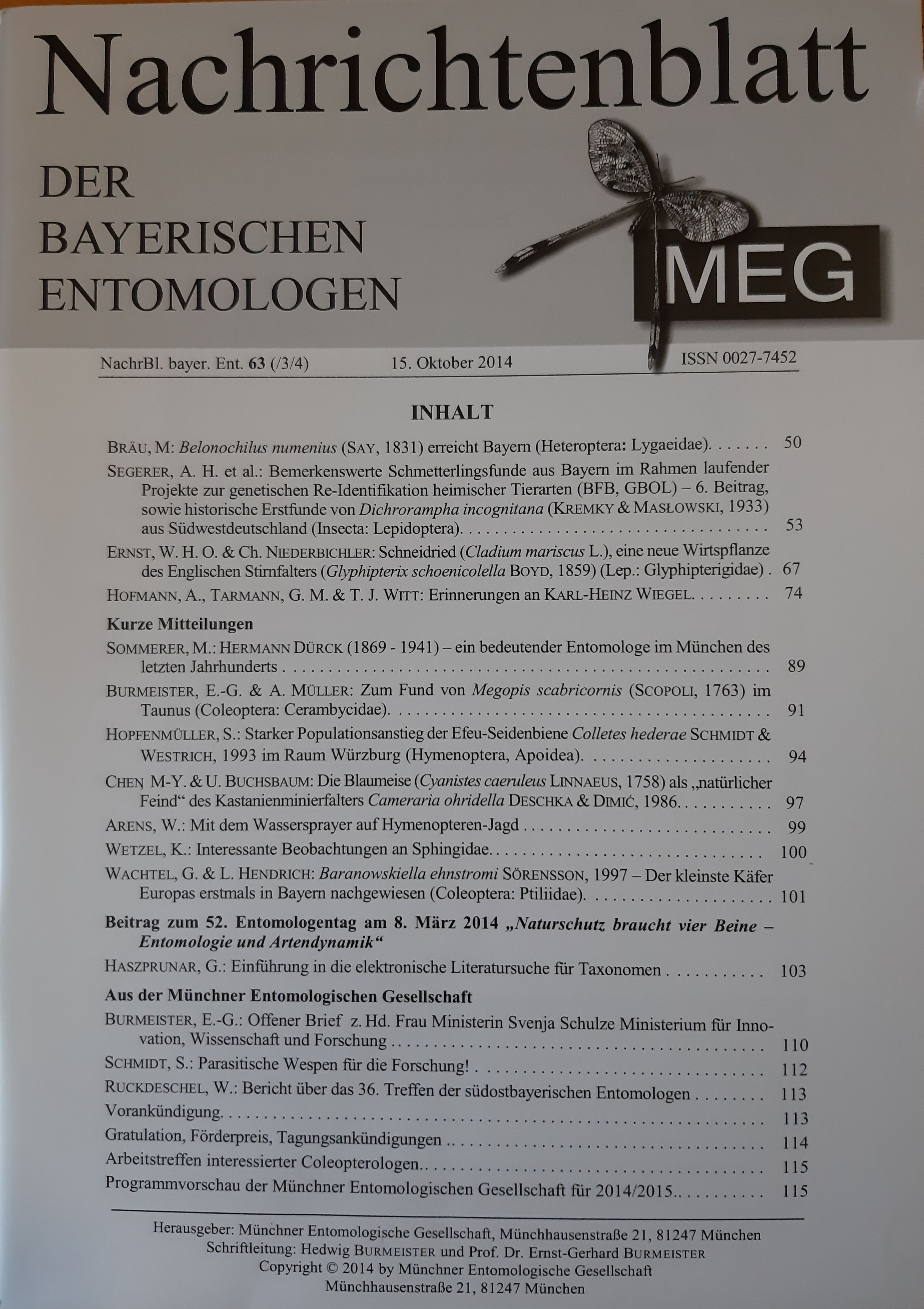 Nachrichtenblatt der Bayerischen Entomologen 2014/63. évf. 3-4. szám (Rippl-Rónai Múzeum RR-F)