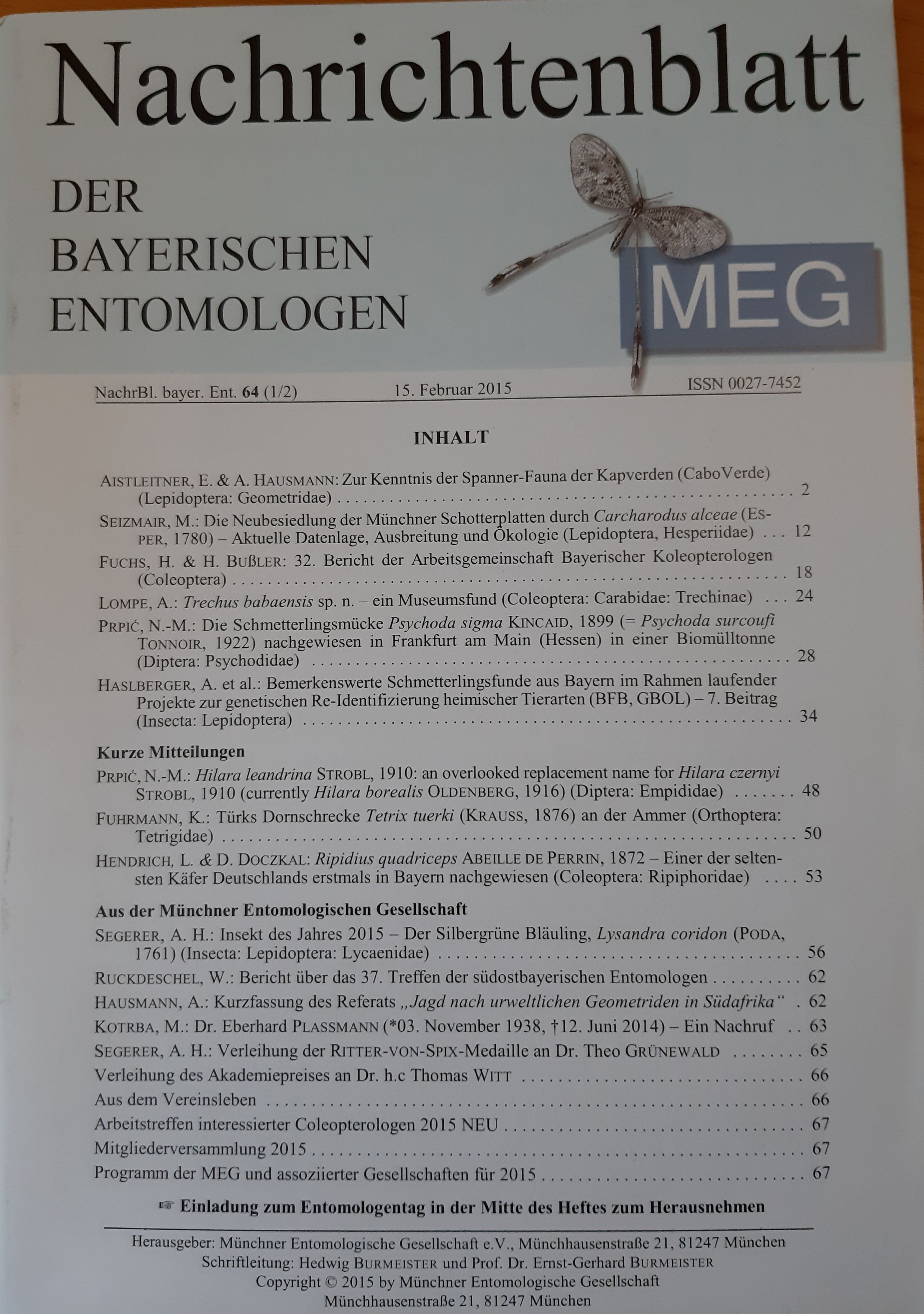 Nachrichtenblatt der Bayerischen Entomologen 2015/64. évf. 1-2. szám (Rippl-Rónai Múzeum RR-F)