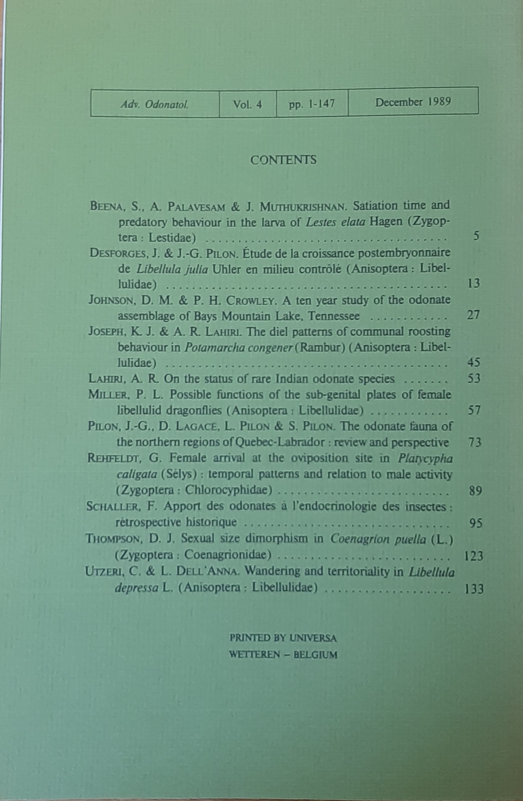 Advances Odonatology 1989/4. kötet Proceedings of the Ninth International Symposium of Odonatology, Madurai (Rippl-Rónai Múzeum RR-F)