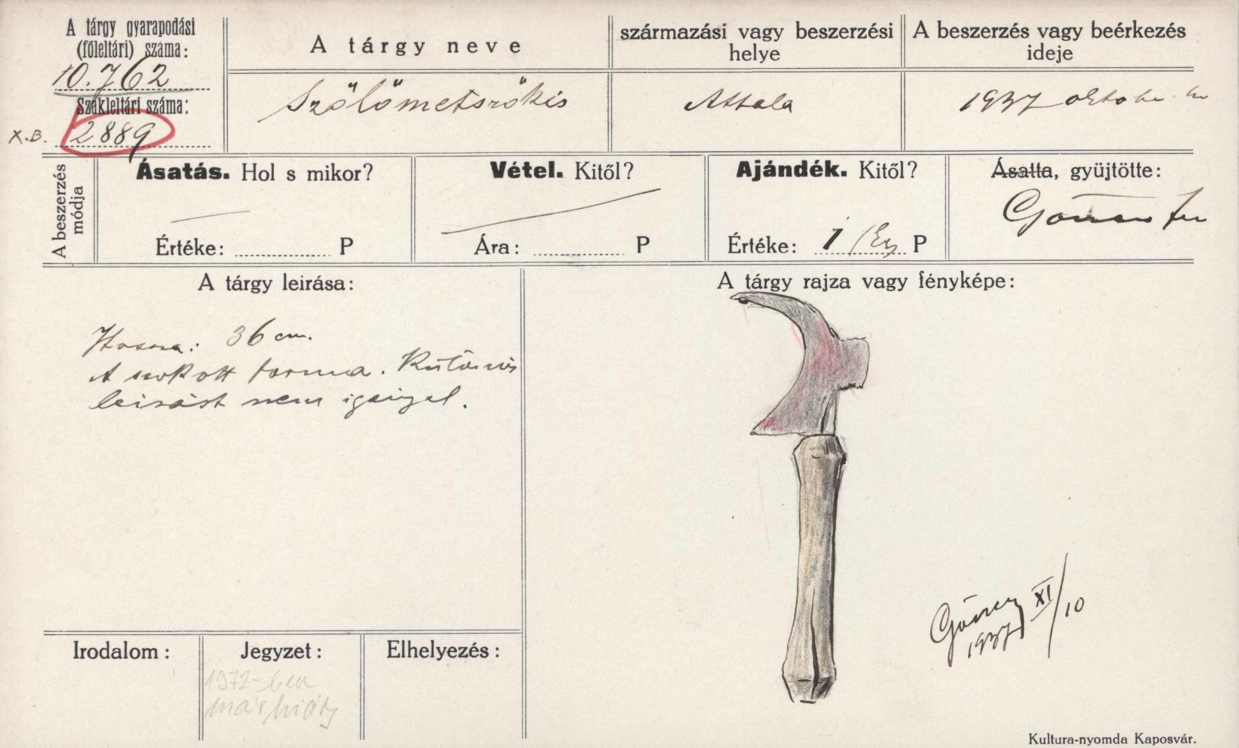 Szőlőmetsző kés (Rippl-Rónai Múzeum RR-F)