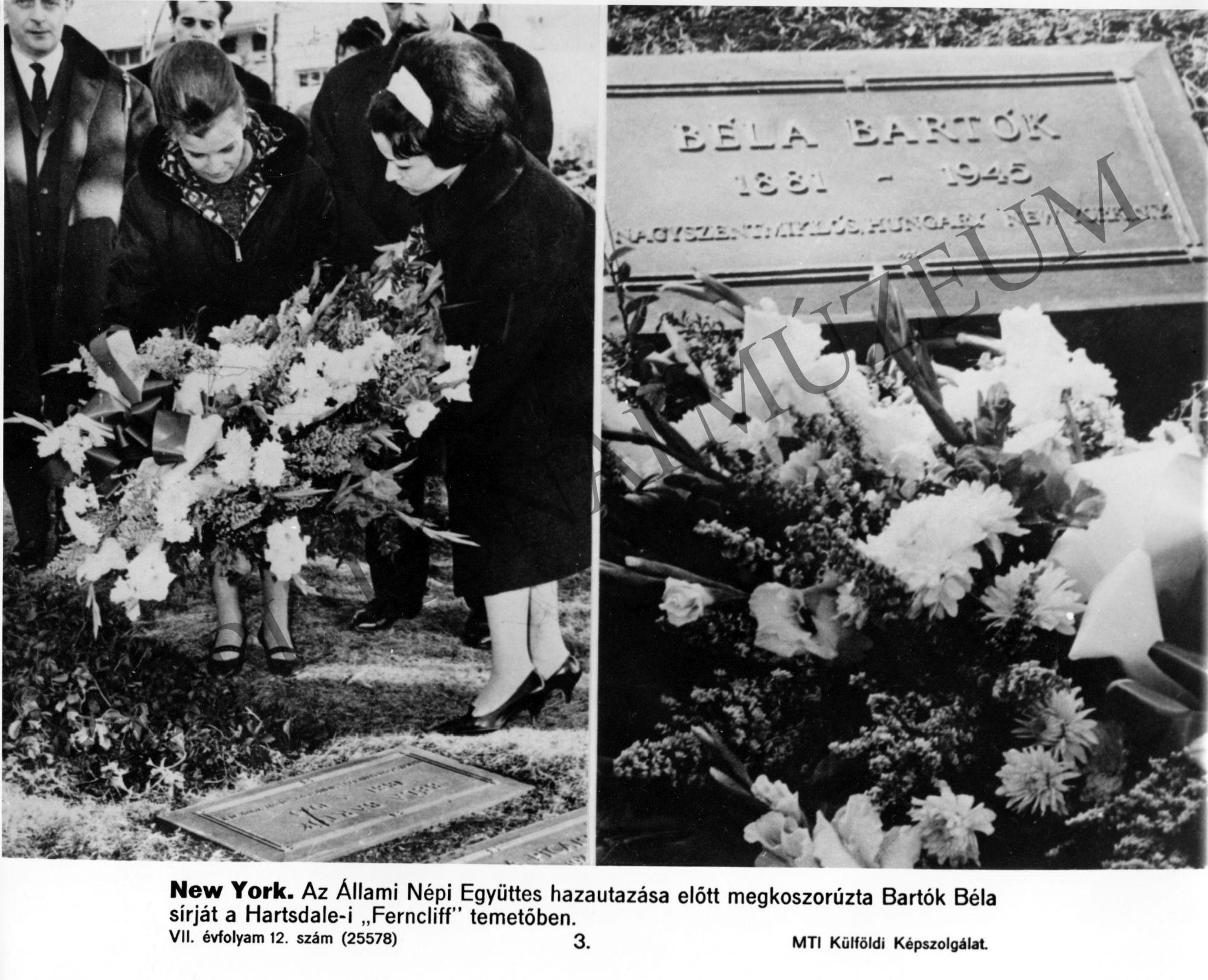 1. Az Állami Népi Együttes hazautazása előtt megkoszorúzta Bartók Béla sírját 2. Bartók megkoszorúzott sírja a Hartsdale-i "Ferncliff" temetőben, New Yorkban (Rippl-Rónai Múzeum CC BY-NC-SA)