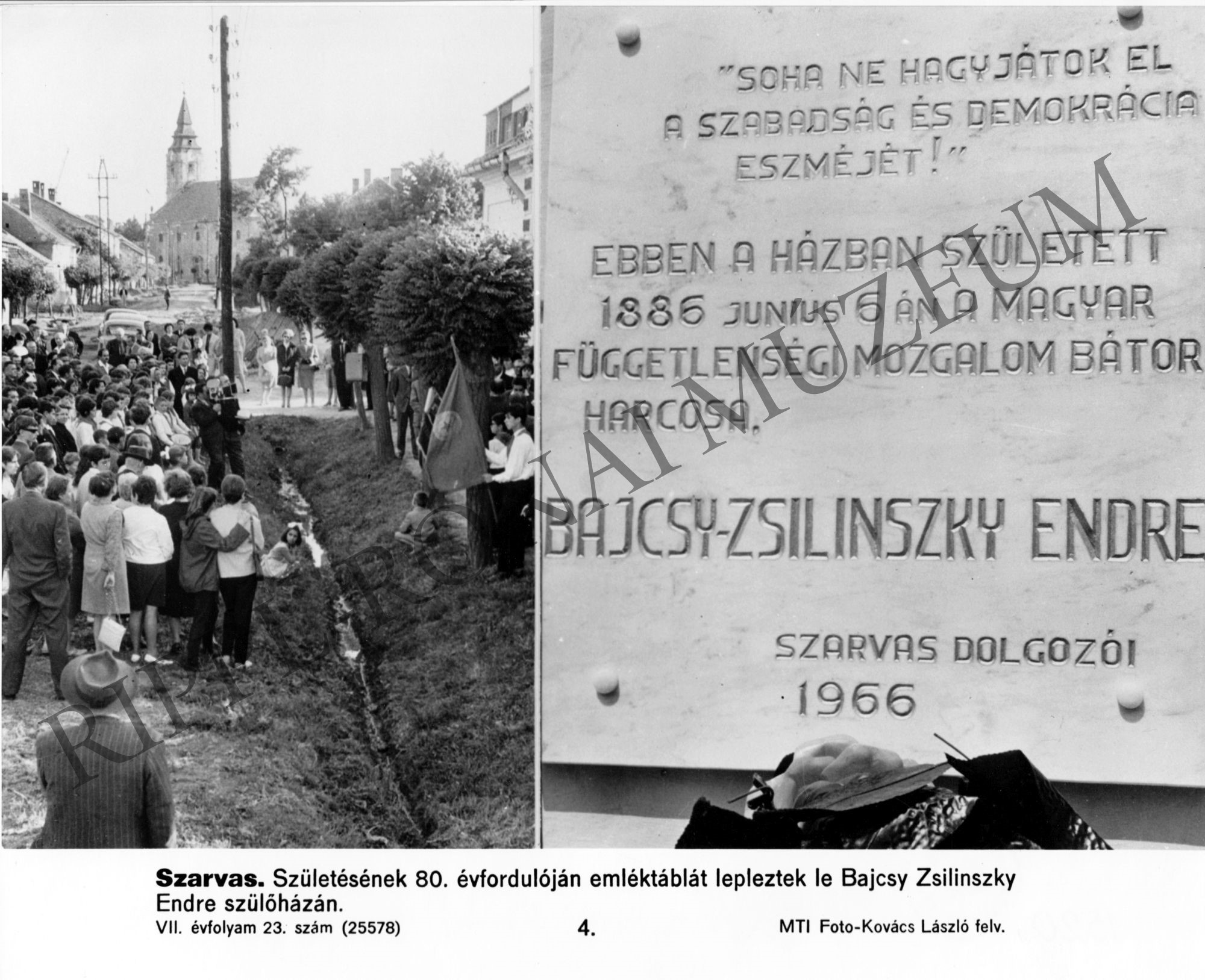 1. Szarvasi emléktábla-avatás résztvevői. 2. Bajcsy-Zsilinszky Endre emléktáblája (1966.) (Rippl-Rónai Múzeum CC BY-NC-SA)