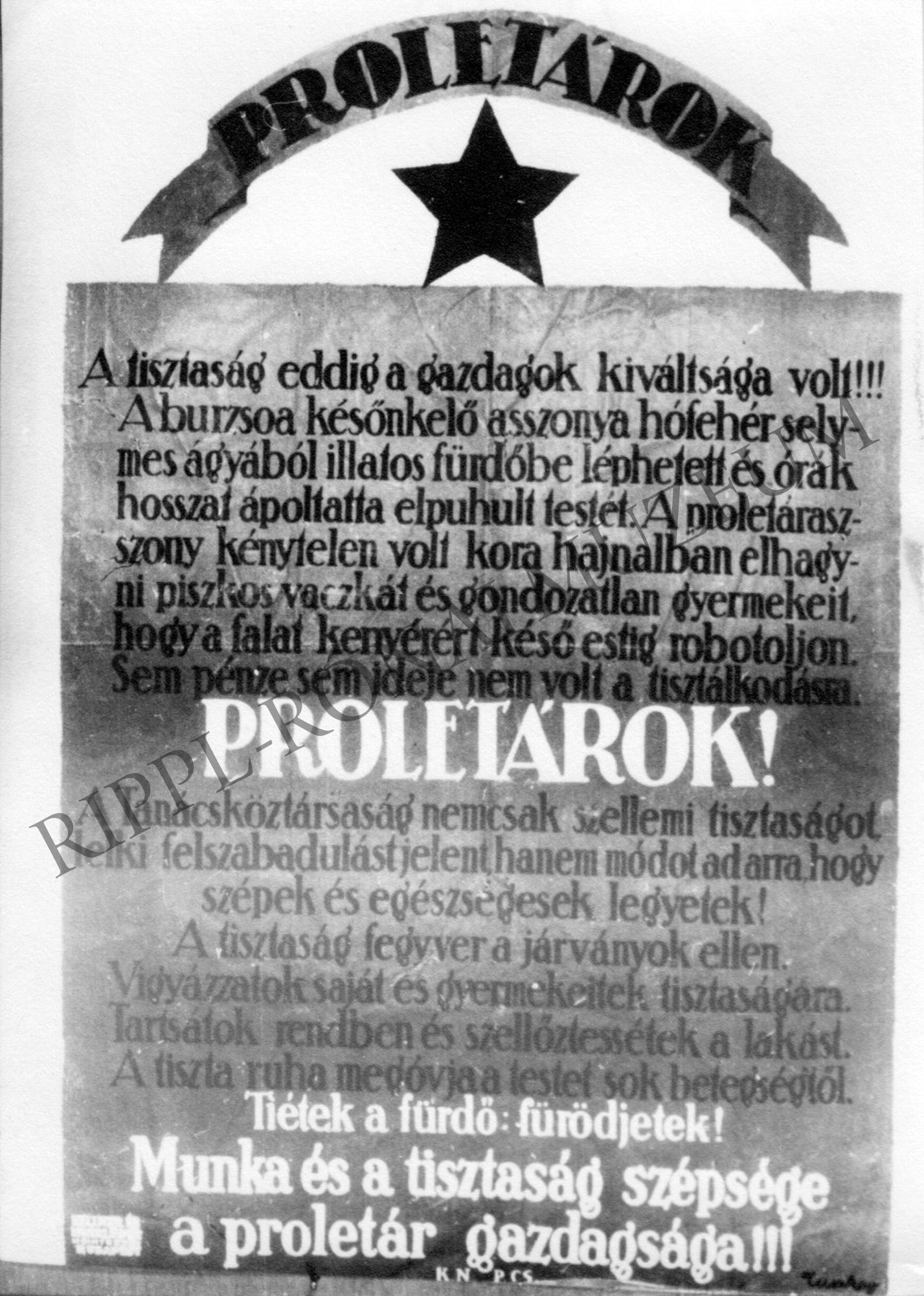1919-es plakát: "Proletárok! Tietek a fürdő..." (Rippl-Rónai Múzeum CC BY-NC-SA)