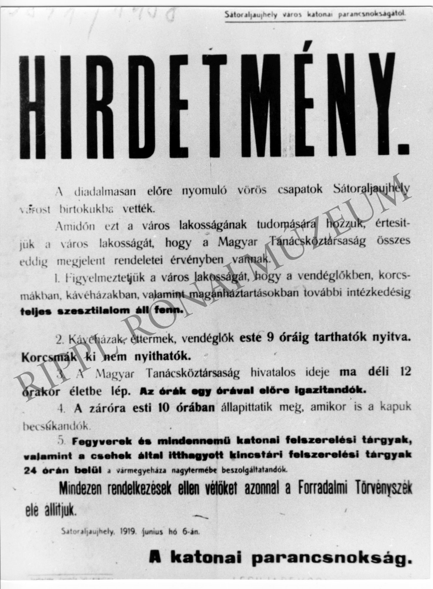 1919-es plakát:"HIRDETMÉNY" (Rippl-Rónai Múzeum CC BY-NC-SA)