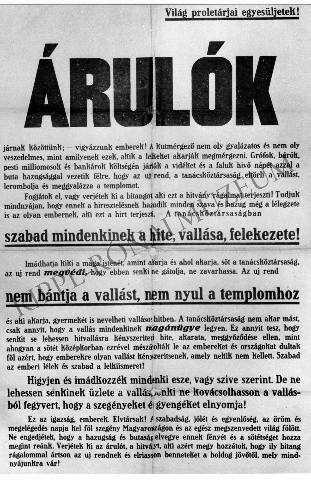1919-es röplap: "Árulók" (vallási toleranciát hirdet, ugyanakkor azt is, hogy ne kovácsolhasson senki a vallásából fegyvert) (Rippl-Rónai Múzeum CC BY-NC-SA)