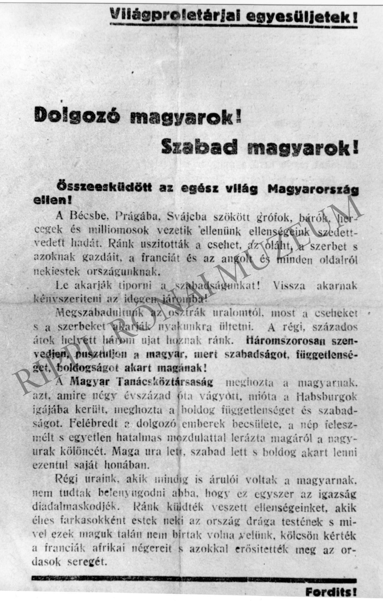 1919-es röplap: "Dolgozó magyarok! Szabad magyarok!" (Rippl-Rónai Múzeum CC BY-NC-SA)