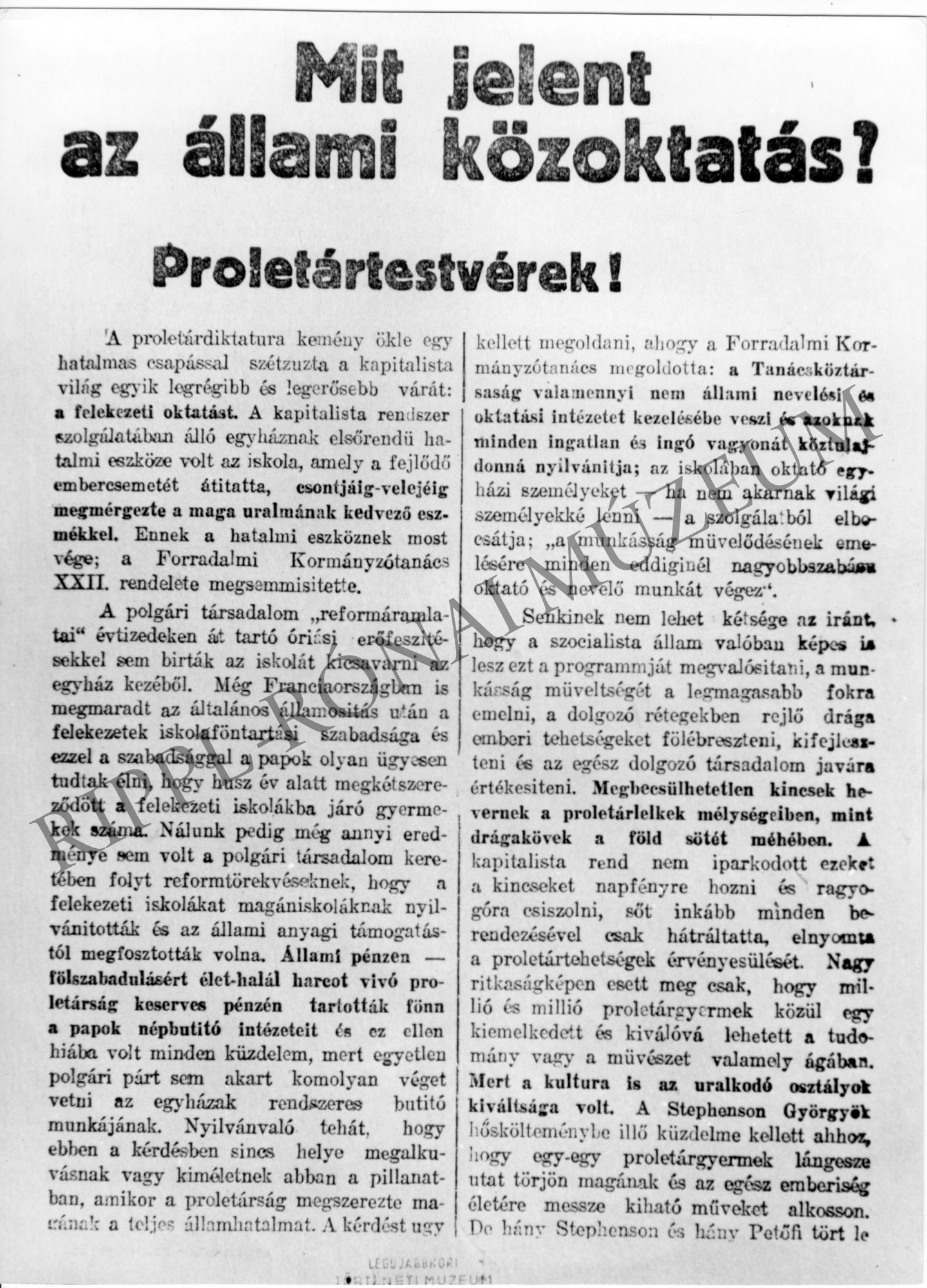 1919-es röplap: "Mit jelent az állami közoktatás?" (A kultúra többé nem a volt uralkodó osztályok kiváltsága) (Rippl-Rónai Múzeum CC BY-NC-SA)