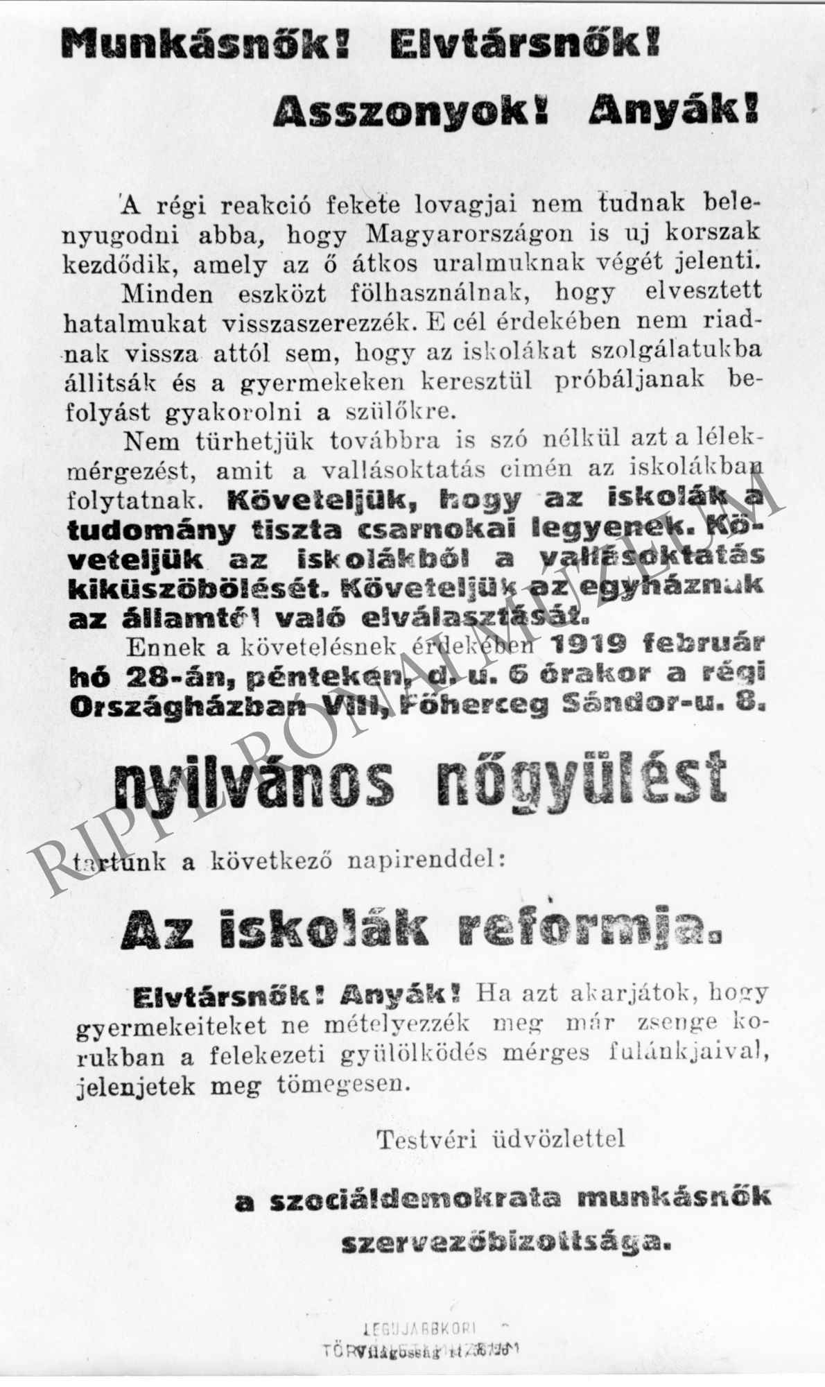 1919-es röplap: "Munkásnők! Elvtársnők!" (Követelni az iskolákból a vallásoktatás kiküszöbölését) (Rippl-Rónai Múzeum CC BY-NC-SA)