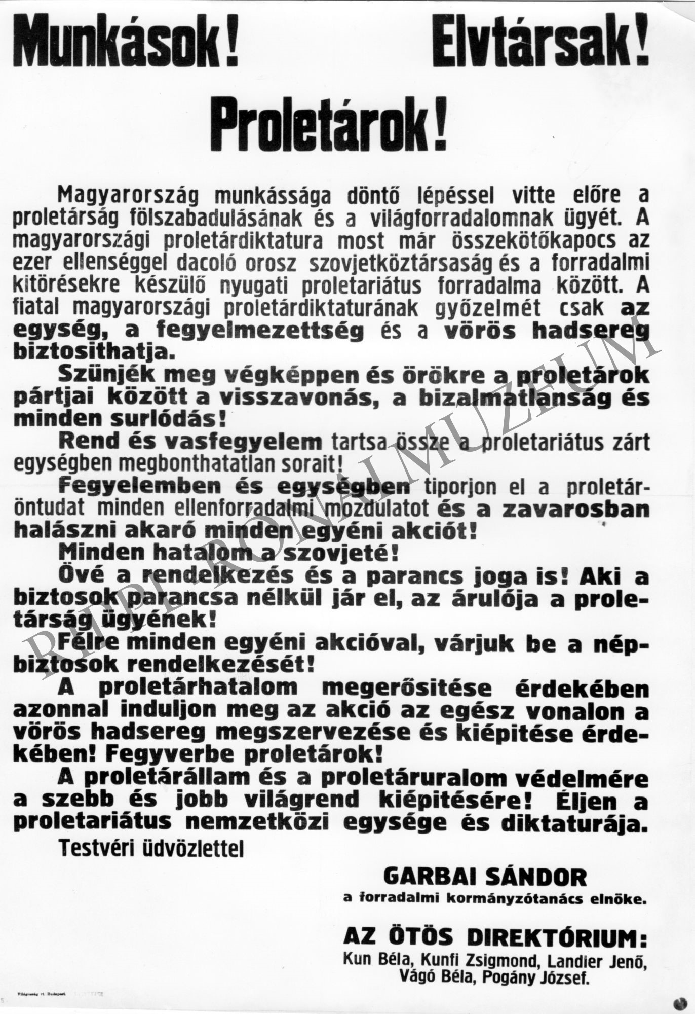 1919-es röplap: "Munkások! Elvtársak! Proletárok!" (Garbai Sándor és az ötös direktórium a világforradalomról) (Rippl-Rónai Múzeum CC BY-NC-SA)
