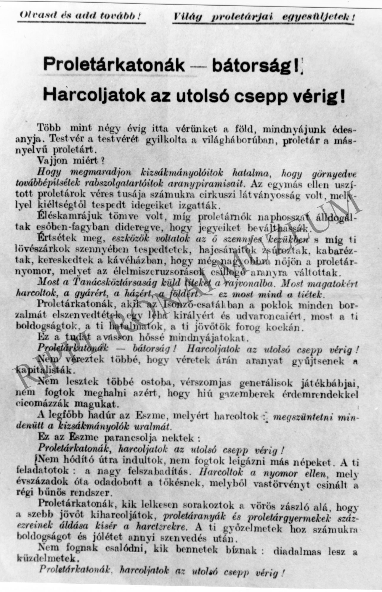 1919-es röplap: "Proletárkatonák - bátorság!" (Rippl-Rónai Múzeum CC BY-NC-SA)