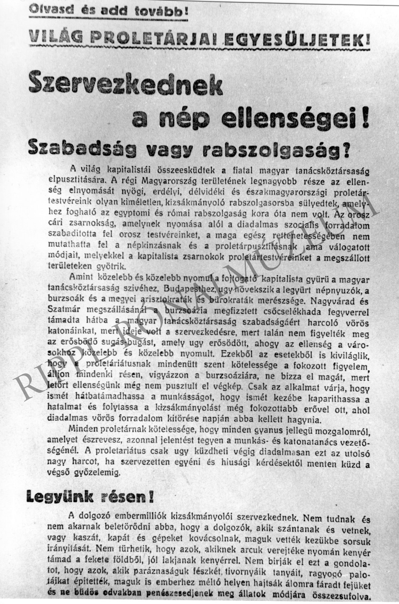 1919-es röplap: "Szervezkednek a nép ellenségei!" (Rippl-Rónai Múzeum CC BY-NC-SA)