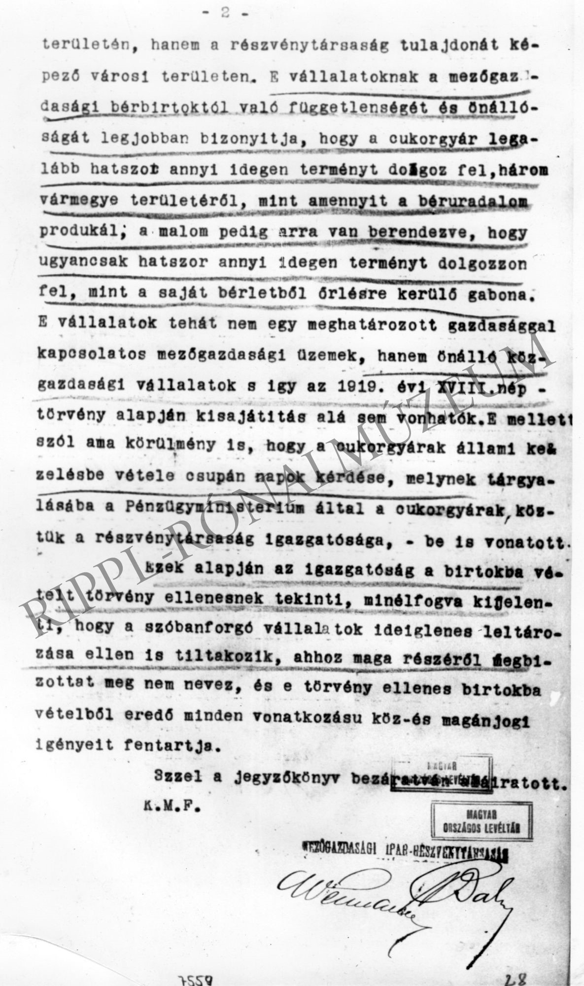1919. március 5-én kelt jegyzőkönyv, melyben a MIR illetékes tisztviselői tiltakoznak a cukorgyár és a malom államosítása miatt 2. old. (Rippl-Rónai Múzeum CC BY-NC-SA)