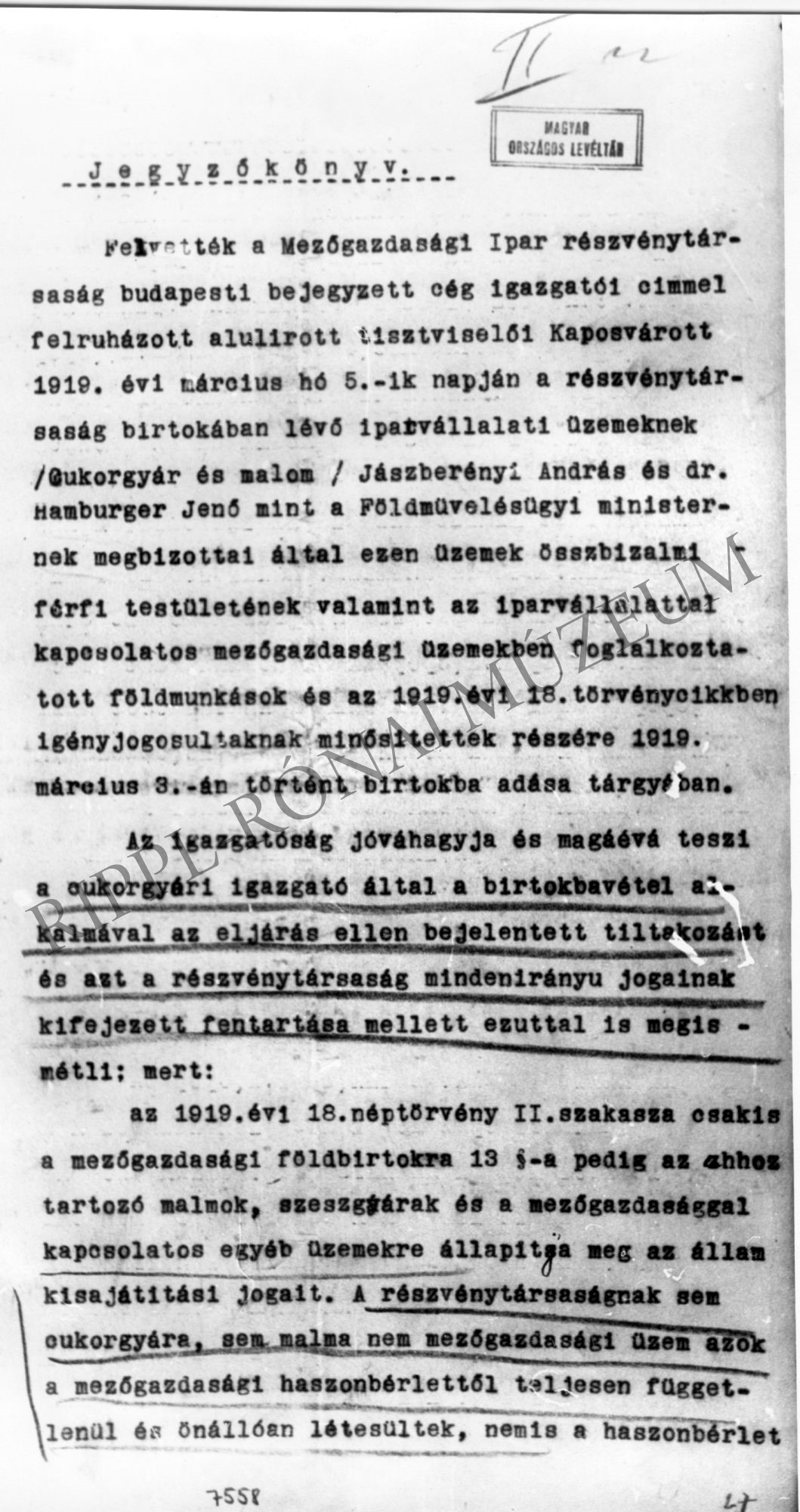 1919. március 5-én kelt jegyzőkönyv, melyben a MIR illetékes tisztviselői tiltakoznak a cukorgyár és a malom államosítása miatt 1. old. (Rippl-Rónai Múzeum CC BY-NC-SA)