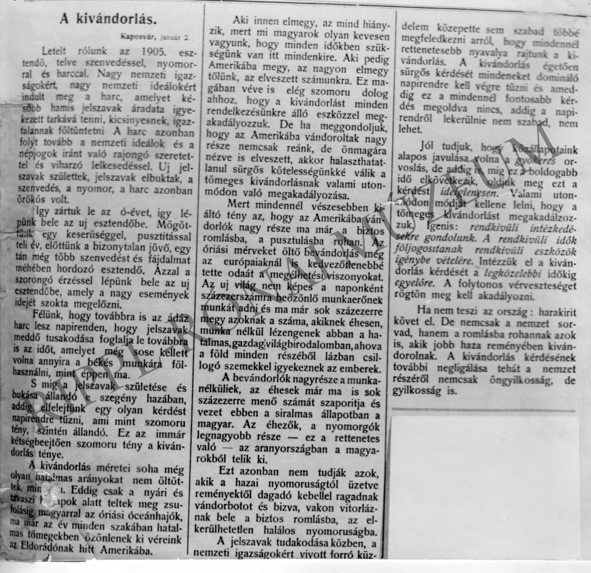 Újságcikk - A kivándorlás. Kaposvár, 1905. január 2. (Rippl-Rónai Múzeum CC BY-NC-SA)